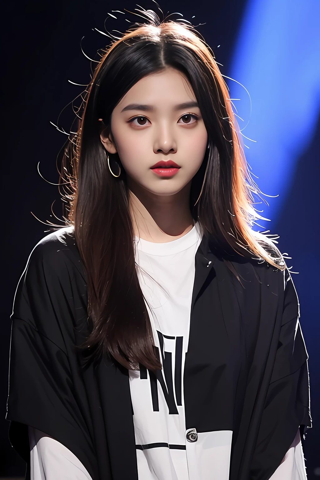 Indian girl wearing white t shirt with black jacket, background white, looking at the audience