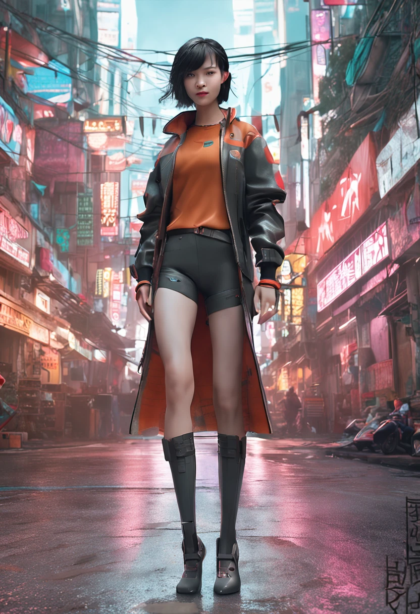 (1girl in:1.3)、独奏、__body-parts__、Unity 8k Wallpapers、ultra-detailliert、Beautifully Aesthetic、Beautiful fece、masterpiece、top-quality、raw、masterpiece、ultra fine photos、top-quality、超A high resolution、Photorealsitic、Full body portrait、stunningly beautiful、Dynamic Poses、delicated face、Lively eyes、(from side view)、Neon Tokyo Background、A detailed face、Detailed complex busy background、Clutter、a gorgeous、milkyW、Detailed skin、realistic skin detail、Visible Pore、foco nítido、Volume Fog、8K UHD、dslr camera、hightquality、film grains、de pele branca、photorealisim、Lomography、sprawling metropolis in a futuristic dystopia、viewed from below、semi transparent、She wears a mechanical prosthetic limb、She wears a mechanical prosthetic leg。Remove people in the background、Black bodysuit、Ceramic left arm、Wear futuristic glasses、