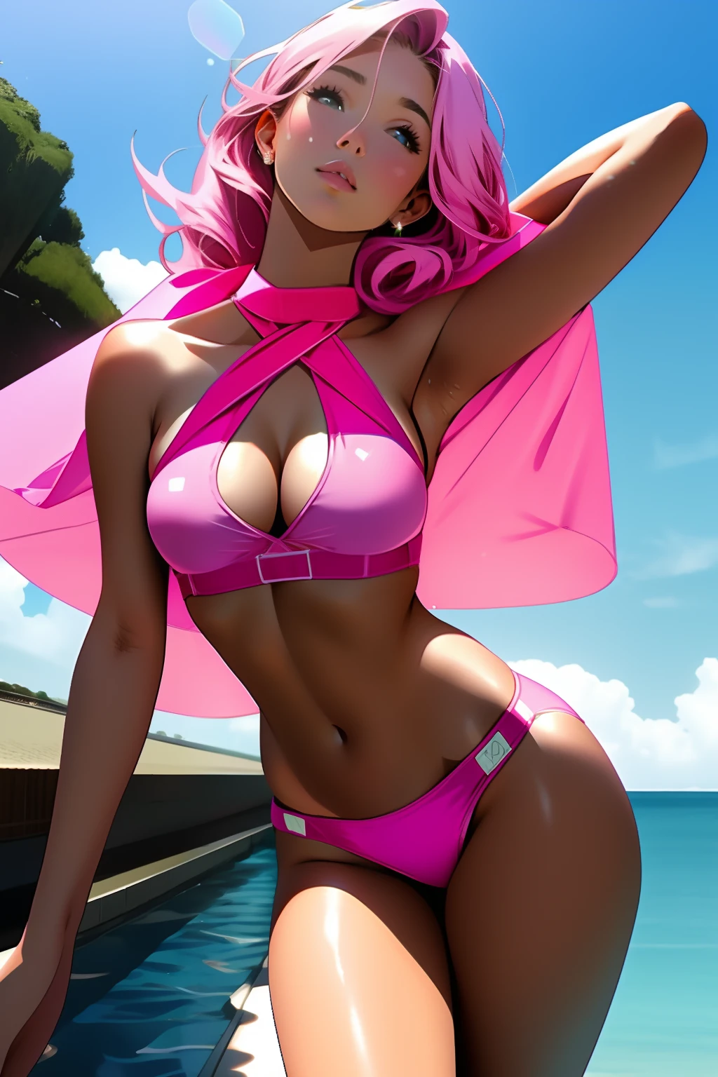 a woman in a pink bikini top and panties posing for a picture, sydney sweeney, pink body, light pink bikini, pale pink bikini, pink, bubblegum body, pink halter top, sexy body, wearing two - piece swimsuit, sling bikini, pink body harness, swimsuit, attractive body, cut out, sultry body with sexy belly, sexy hot body, sexy girl, some pink