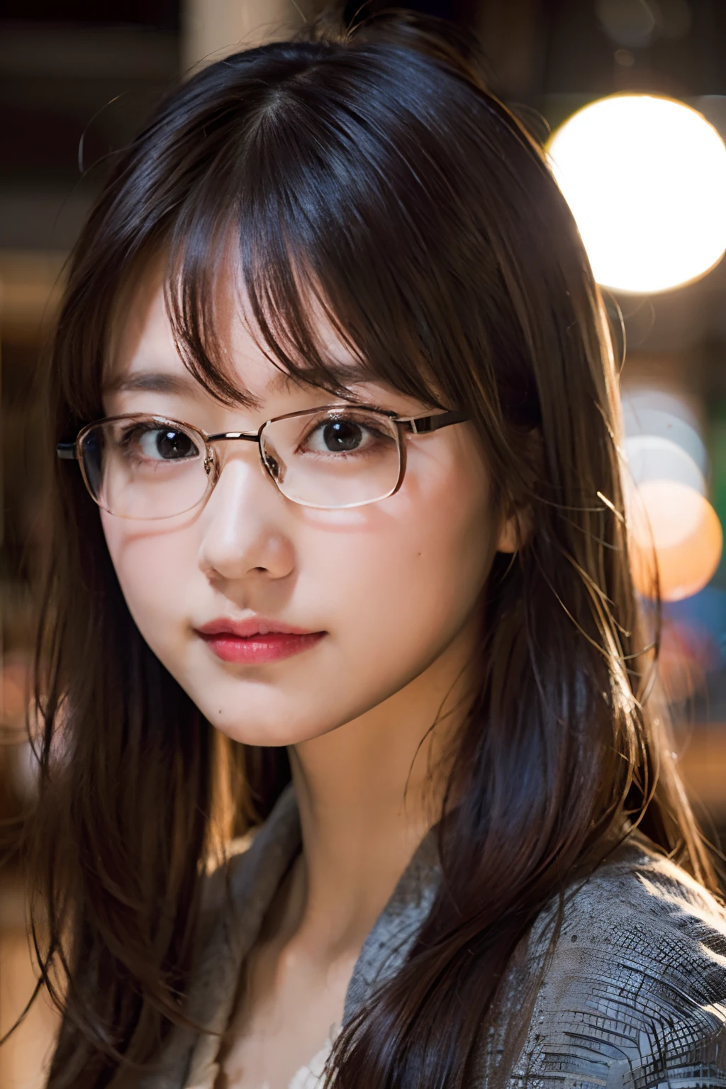 (8K、Raw photography、top-quality、​masterpiece:1.2)、(realisitic、Photorealsitic:1.37)、ultra-detailliert、超A high resolution、女の子1人、see the beholder、beautifull detailed face、A smile with a little visible teeth、Constriction、(Slim waist) :1.3)、((Cute pajamas))、pastel clothing、Beautiful detailed skin、Skin Texture、Floating hair、((fluffy hairstyle))、large breasts with good shape、Professional Lighting、autumn night、Bedroom、((Black square glasses ))、Whole human body、Black hair、((Shameful appearance))、Pay attention to your audience、
