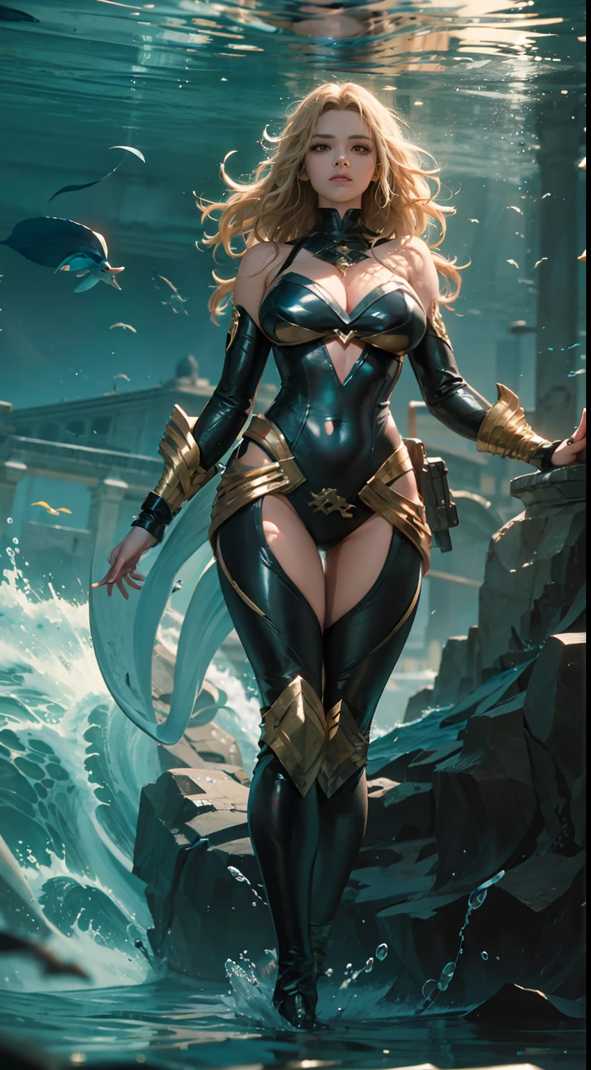 In the deep sea of Atlantis,A thriving underwater world,Undersea castle,(realisticlying:1.2),(hentail realism),(tmasterpiece:1.2),(best qualtiy),(Hyper-detailing),(8K,4K,复杂),(full body shot shot:1),(85mm),Particle light,illuminating,(high detal:1.2),(Detailed face:1.2),largeeyes,beautiful goddess woman,putting makeup on,s the perfect face,Perfect lighting,1girll,DC Super Hero Movie,Acting in movies《kaiou》A corner,Female Aquaman,Brown hair,long whitr hair,Bushy hair,floated hair,Kaio,Kaio,Arthur Curry,stormy sea,Big waves,High winds and waves,Death glow,Serious look, tight leather clothes,Sexy tights,Openwork onesies,high-heels,Thin waist and thick hips,upper legs,Faust,huge boob,Scale clothing,(Glowing skin),Glowing skin,Yellow aura of power,green pupills,Gravel background,Broken ground,(finelydetailedskin:1.3),(nice hand),Detailed hands,detailed back ground, perfect eyes, Seductive eye, looking at viewert, From the front,cinematric light,edge lit,超高分辨率,Best shadow,delicated,octanerender,unreal-engine,Travel through the underwater world,swim pose,Surrounding wave effect,