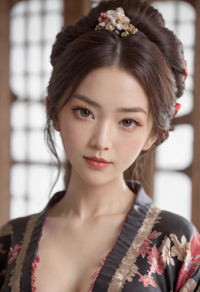 8k super-resolution、Beautuful Women、One lady、dark brown hair:1.1、hyperdetailed face、Detailed lips、significant、(Eyes are in focus)、二重まぶた、Eyes of the Princess、 beautfull Japanease woman、Beautiful Japan Lady、 sensual lip、Bewitching body、Bust Size 82、8 class large、Balance and stand forward、in her 20s、Perspective、Lovely smile, Detailed Japan kimono in black-red-yellow-purple、Ultra-realistic and detailed floral pattern and shiny knots、Sharp Images、Detailed eye shine、Detailed background of Arashiyama Park in Kyoto、Wear sandals with a nice Japanese pattern、Natural hand shape、Full-body standing figure、