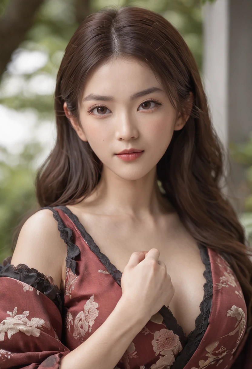 8k super-resolution、Beautuful Women、One lady、dark brown hair:1.1、hyperdetailed face、Detailed lips、significant、(Eyes are in focus)、二重まぶた、Eyes of the Princess、 beautfull Japanease woman、Beautiful Japan Lady、 sensual lip、Bewitching body、Bust Size 82、8 class large、Balance and stand forward、in her 20s、Perspective、Lovely smile, Detailed Japan kimono in black-red-yellow-purple、Ultra-realistic and detailed floral pattern and shiny knots、Sharp Images、Detailed eye shine、Detailed background of Arashiyama Park in Kyoto、Wear sandals with a nice Japanese pattern、Natural hand shape、Full-body standing figure、
