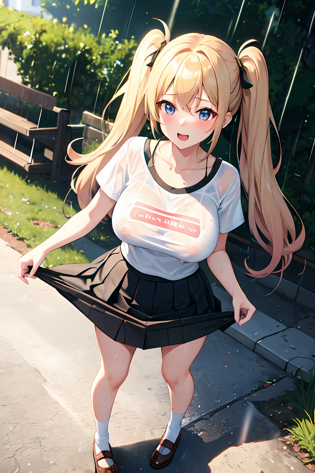 outdoor, park, wide angle, raining, NSFW, soaking wet, 1girl, POV, from above, standing, casual clothes, twintails, t-shirt, skirt, (skirt lifted),
