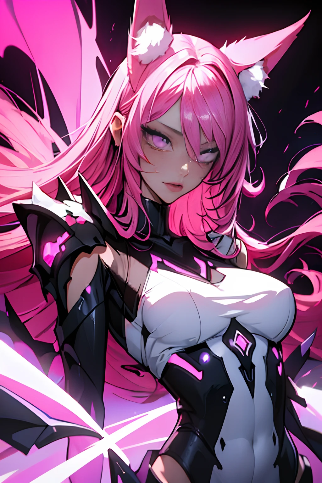makiman,"A striking digital art portrait of a young woman with long, flowing pink hair, a glowing neon halo, and horns atop her head. Her intense red-orange eyes shine with a piercing, hypnotic gaze. She wears a white collared shirt and a black tie, projecting a powerful, confident presence. Black-gloved hands surround her, gently touching her head and shoulders, adding a sense of tension. The background is dark, with deep shades of purple and red, highlighting the chains crisscrossing behind her, creating a dramatic, otherworldly atmosphere."