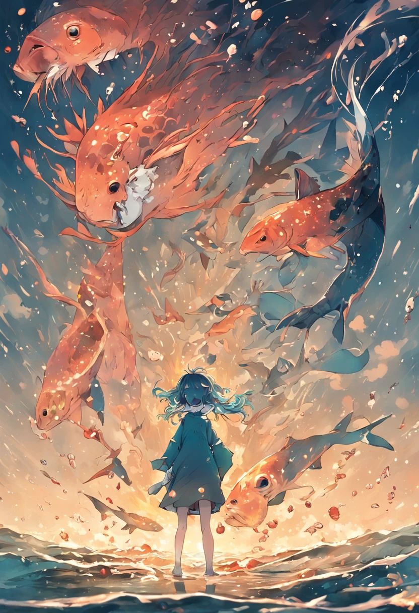 tmasterpiece，Polluted seawater，Schools of fish die on the shore，Background apocalyptic sense