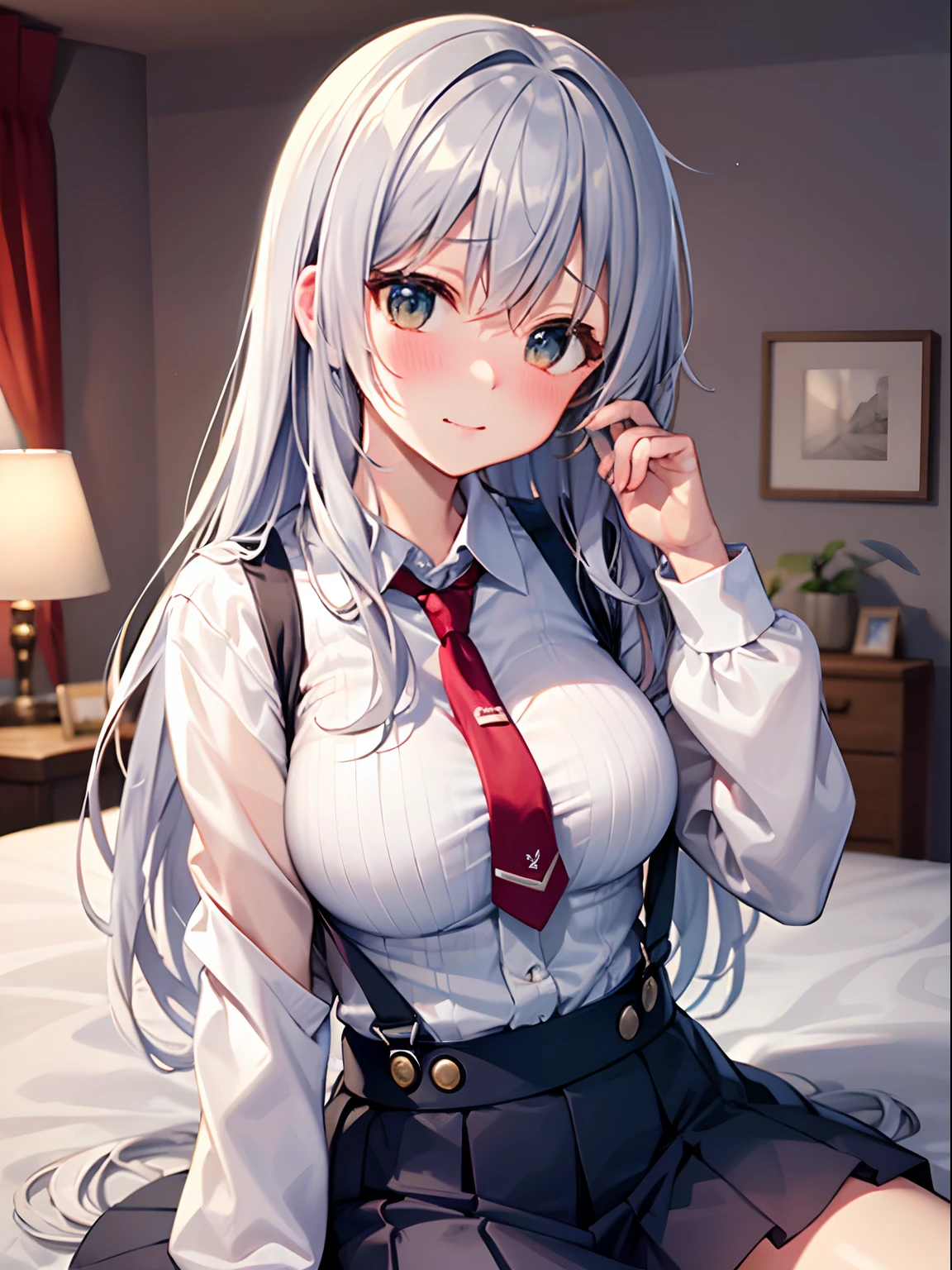 Best Quality, ultra-detailliert, Illustration, silber hair, Aimei,,embarrassed from，red blush，scratching your head，The long-haired，cute  face，beutiful breast，turned around，Suspender Skirt，long-sleeve，Dark blue skirt，neck tie，Close，Angle to show off breasts，look up to，finely detail，a bed、Sit up，Own room，Nintendo Switch