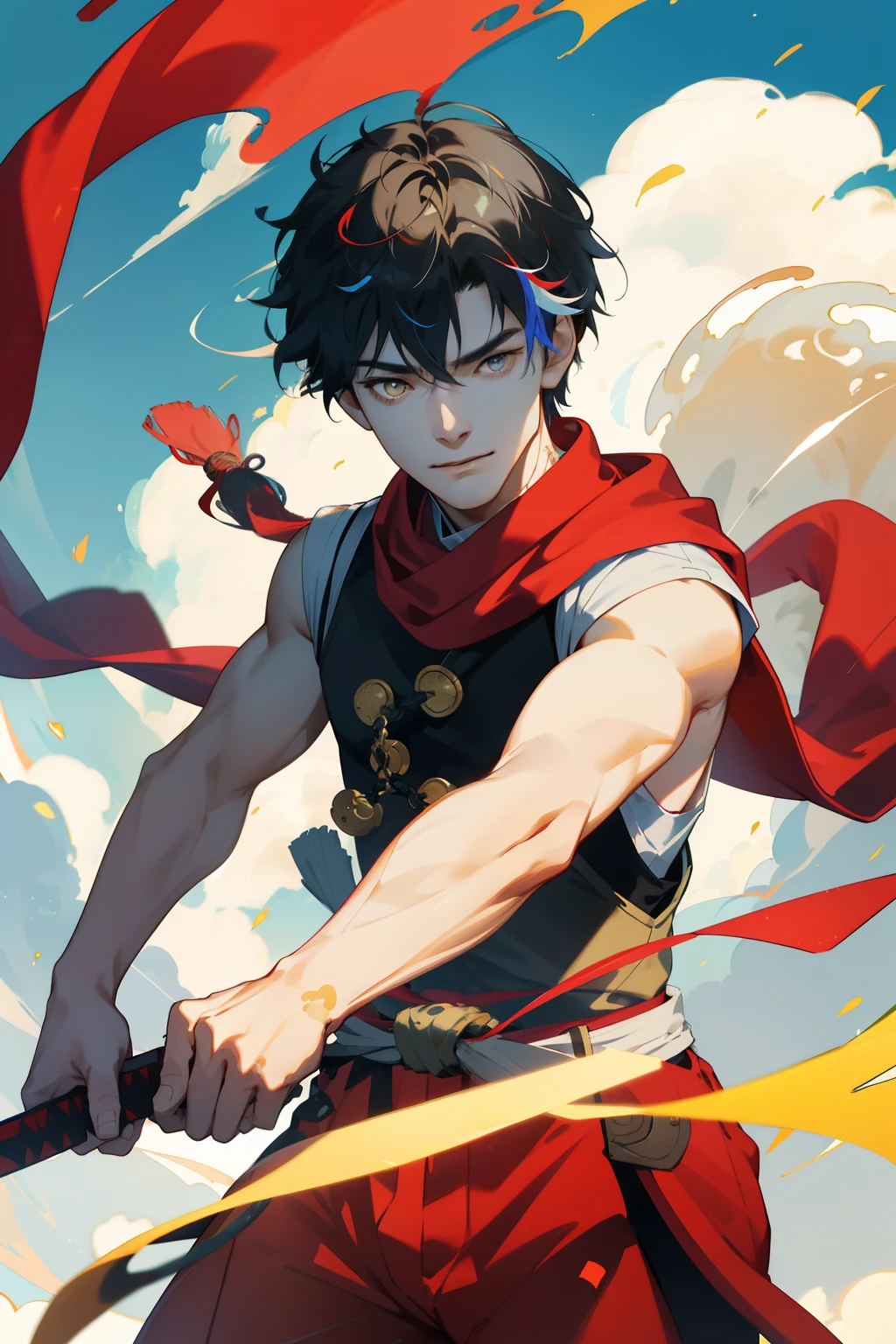 A -yeld bon Chinese mythology, (nezha),(full bodyesbian),(High- sharpness,ultra - detailed), tmasterpiece, best qualtiy, 独奏, Red and white pants, ssmile, finely eyes, 详细的脸, Yellow scarf, Bare arms,from below, looking down below, swirles, spark of light,modern day,With a weapon in his hand,Childish,adolable,vivaciousness, Eccentric,finely quality eyes, Complicated details, , 独奏, Half shot, detailedbackground,ssmile,Hovering in the air,Colorful clouds,Floating golden streamers、Red chain mail、Backlit realistic lighting、Armory、Hair flutters in the wind,(Red sleeveless Hanfu), Surrounded by ink,Surrounded by clouds, Clear face, Clear and bright eyes, High detail, (A high resolution, ultra - detailed), Cinematic lighting, Motion blur, Ray tracing, reflective light, (Close-up), Masterpiece, Best quality, High quality, Anatomically correct, Textured skin, High details, Super detail, 1080p, hyper HD,