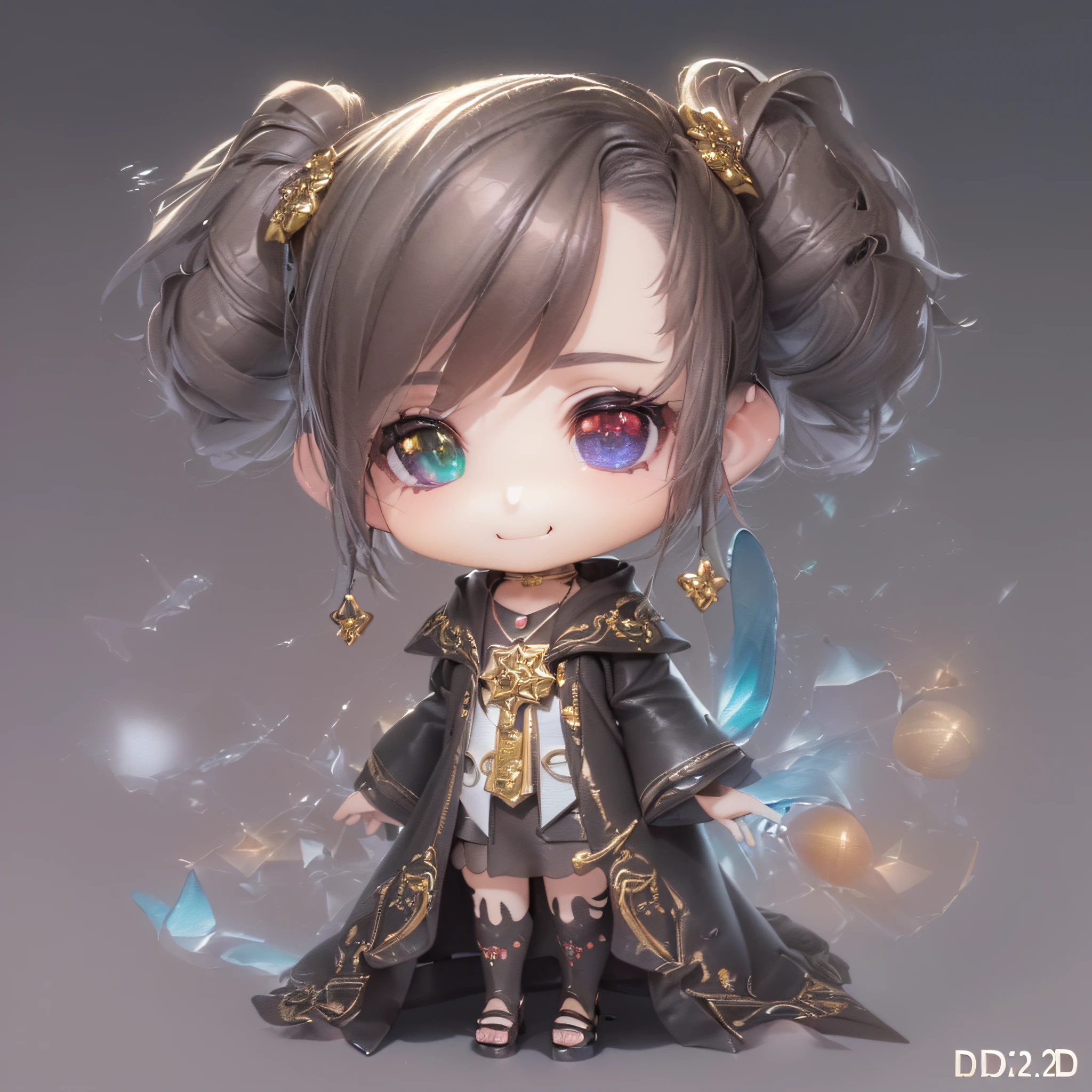 (Chibi:1.5)((masutepiece, of the highest quality, Watercolor art (Pendants), Beautiful and aesthetic: 1.2)), (Golden ratio: 1.2), (Full body: 1.2), (Super Detail: 1.3), (1 persons:1.5)、(1 girl: 1.3), (Fractal Art: 1.3), (Glitter Pupil)),(Brown hair: 1.2)), (Heterochromia), (Colorful: 1.5), (((Shy face)), (full body Esbian), (Hyper-detailing), ((delicate detail)), (intricate-detail), ((Cinematic Light, Highest quality backlight)), High contrast, ((The best lighting, Very delicate and beautiful)), (( Cinematic Light)), (ray trace reflection, Glow), (((glowing aura)), ((Glowing hair)), ((Super Detail)), (8K)), ((a closeup)), ((Seductive smile)) ,((FULL BODYSHOT))、(Chibi:1.5)、(3D Rendering:1.5, Plastic Texture:1.5, Chibi deformation:1.5, Full body, Front view:1.5),(Cane in hand:1.5、Black Wizard Robe:1.5,Braids:1.5)