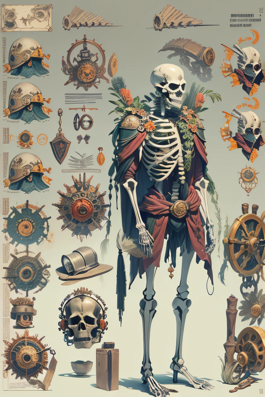 skeleton,items and gear listed on the side