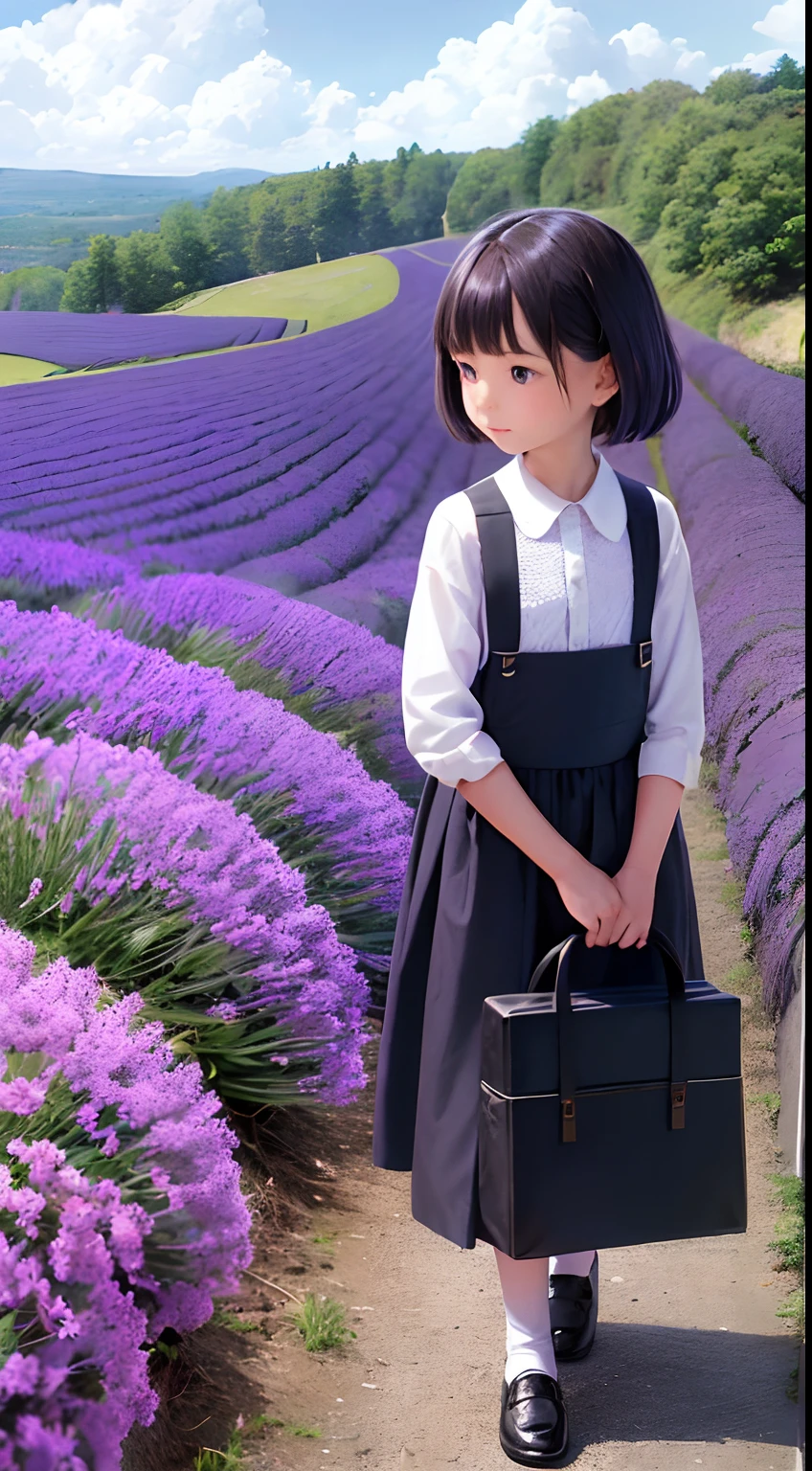A young girl carrying a basket of lavender flowers on her flat back walks quietly on a winding country road, large clouds, blue sky, Lavender field, Beautiful purple lavender flowers, forest, hillside, remote, rural, Sharp graphics,lavender fields stretch all the way to the horizon