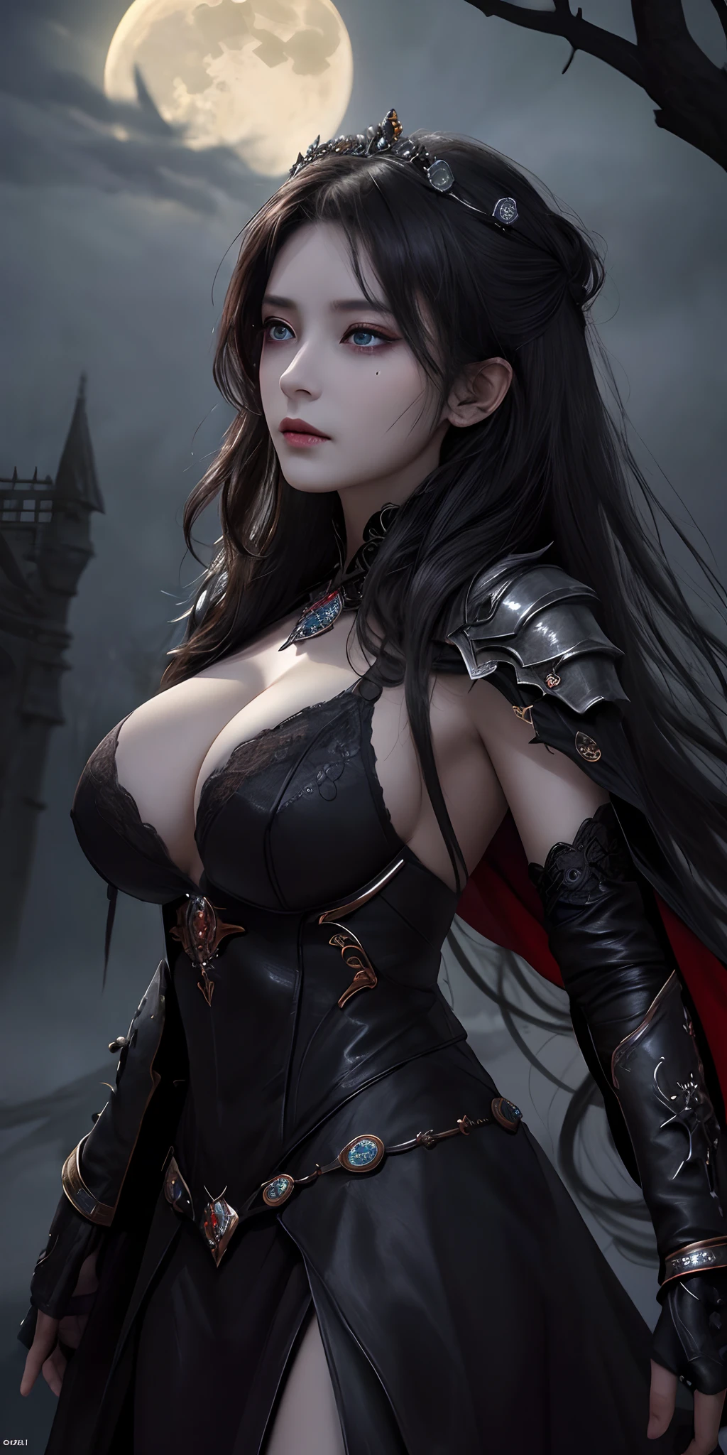 (16k, masterpiece, best quality), ultra-detailed, detailed beautiful round eyes, beautifully detailed face, high quality, high resolution, perfect anatomy, (a female necromancer appeared from the fog with an army of undead), in the darkness of the night, goddess of darkness, undead army, straight hair, evil, an evil face, undead background, big breast, mature women, dynamic pose, looking into the distance,