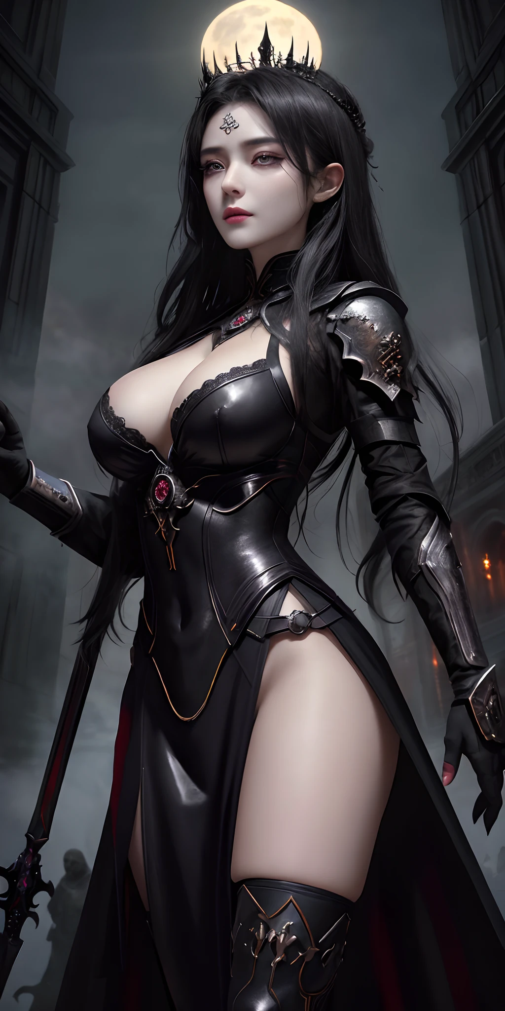 (16k, masterpiece, best quality), ultra-detailed, detailed beautiful round eyes, beautifully detailed face, high quality, high resolution, perfect anatomy, (a female necromancer appeared from the fog with an army of undead), in the darkness of the night, goddess of darkness, undead army, straight hair, evil, an evil face, undead background, big breast, mature women, dynamic pose, looking into the distance,