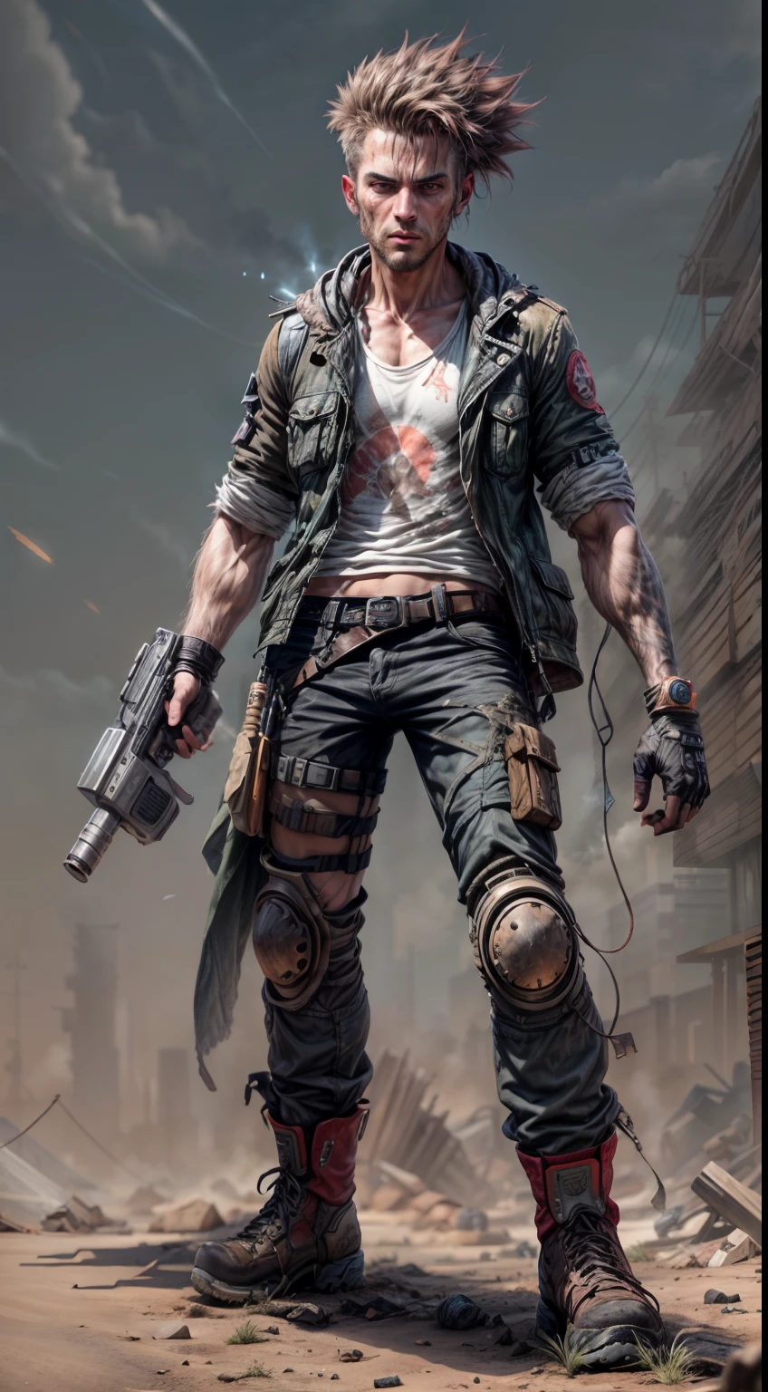 In a post-apocalyptic wasteland.., A brave punk man stands up for the chaotic world around his... The camera zooms in on the man.., Capture the fierce expression and determination in his eyes... His clothes.., A combination of durable clothing and recycled materials.., It tells a story of cunning and adaptation... As the zoom progresses, Focus shifted to her gloved hand.., Hold the modified energy weapon tightly.., Show his fighting abilities... This prompt occurs in digital drawing format.., Combining rough textures and bright colors to create outstanding performance..