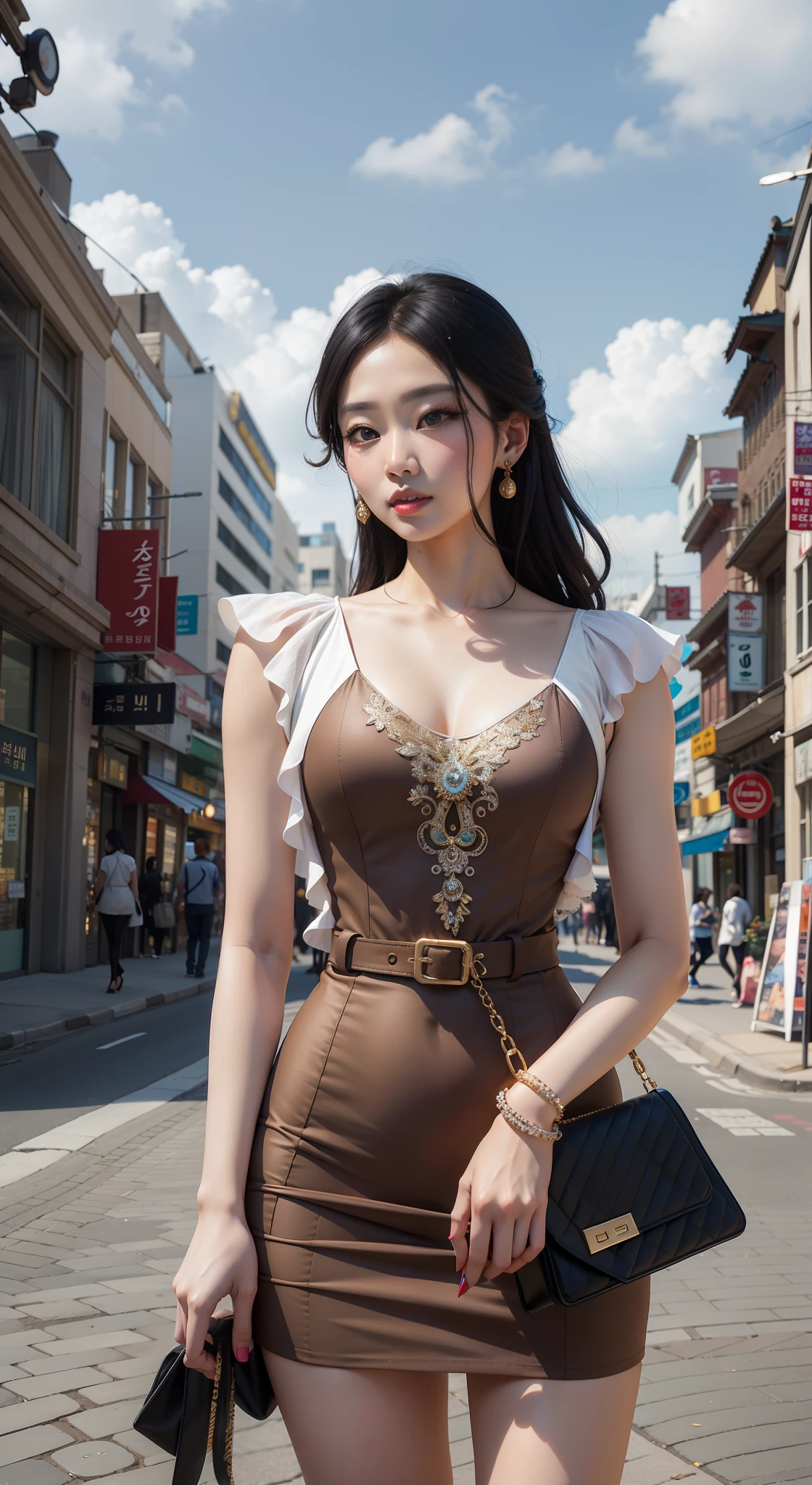 Arakfi woman in dress and high heels standing on a city street, korean women's fashion model, jaeyeon nam, Choi Hyun-hwa, Gorgeous young Korean woman, sakimichan hdri, sakimichan, Shin Jinying, Korean girl, Beautiful young Korean woman, beautiful Korean women, muted colored bodysuit, Korean woman, in city street