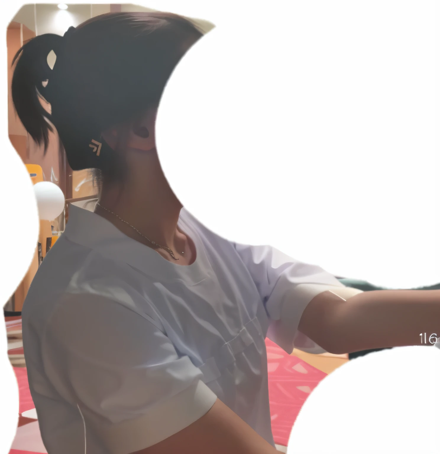 There was a woman holding a white ball in her hand, The shoulders can be seen, very very low quality picture, leaked photo, photograph of a woman, low quality photo, pose 1 of 1 6, waist reaching ponytail, pictured from the shoulders up, leaked image, profile pose, She is facing the camera, her hair is in a pony tail, very very low quality