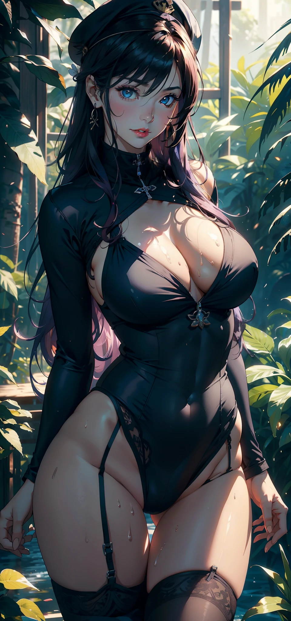 1female，36 years old，熟妇，mature，Bigchest，Big breasts Thin waist，long leges，Raised sexy，Pornographic exposure， 独奏，（Background with：ln the forest，the rainforest，in summer） She has long purple hair，standing on your feet，Sweat profusely，drenched all over the body，seen from the front， hair straight， mostly cloudy sky，（（（tmasterpiece），（Very detailed CG unity 8K wallpaper），best qualtiy，cinmatic lighting，detailed back ground，beatiful detailed eyes，Bright pupils，（Very fine and beautiful），（Beautiful and detailed eye description），blue color eyes，Redlip，ultra - detailed，tmasterpiece，）），facing at camera，（The upper part of the body），A high resolution，ultra - detailed），revealing breasts，Bare genitalia，  Bulge，legs are open，sexyposture，Camel toes，Flushed complexion，Open-mouthed，frontage，Big high school girl，Sailor's cap，（Wearing：a sailor suit，black lence stockings，with no underpants）