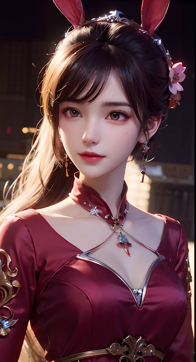 Close-up of a woman in a red dress and rabbit ears, trending on cgstation, trending at cgstation, Chinese style, Chinese girl, Inspired by Lan Ying, Anime girl cosplay, 🌺 CGSesociety, Ruan Jia and Artgerm, Beautiful character painting, inspired by Du Qiong, by Yang J, beautiful and seductive anime woman, Guviz