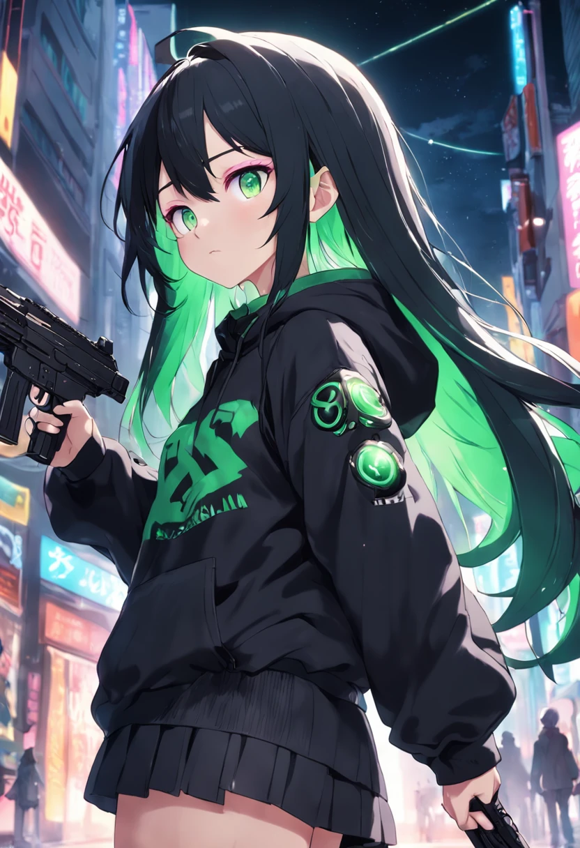 、assault rifle、Long sideburns、Beautiful anime style girl all over, clean detailed faces, Cyber,analogous colors, Glowing shadow, beautiful gradation, Depth of field, Clean image, High quality,Black hoodie outfit、 High detail, High definition, Blush, coalescence, beleza celestial, Very detailed, Soft lighting, full bodyesbian,Green&Black hair,Green eyes、