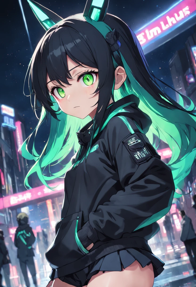 、assault rifle、Long sideburns、Beautiful anime style girl all over, clean detailed faces, Cyber,analogous colors, Glowing shadow, beautiful gradation, Depth of field, Clean image, High quality,Black hoodie outfit、 High detail, High definition, Blush, coalescence, beleza celestial, Very detailed, Soft lighting, full bodyesbian,Green＆Black hair,Green eyes、