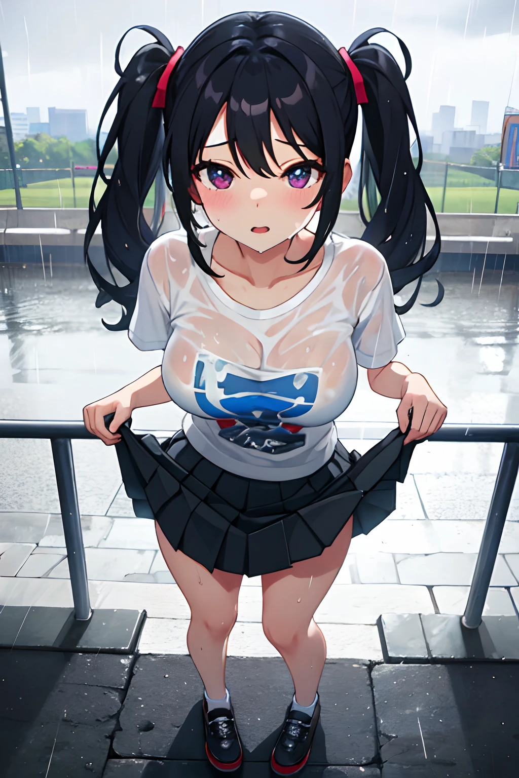 outdoor, park, wide angle, raining, NSFW, soaking wet, 1girl, POV, from above, standing, casual clothes, twintails, t-shirt, skirt, (skirt lifted),