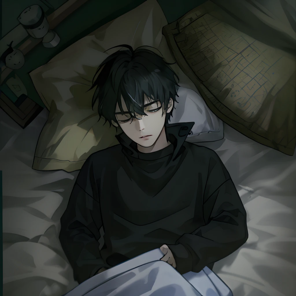 A boy with，with short black hair，Black sweatshirt，Sleep in bed，overhead photography