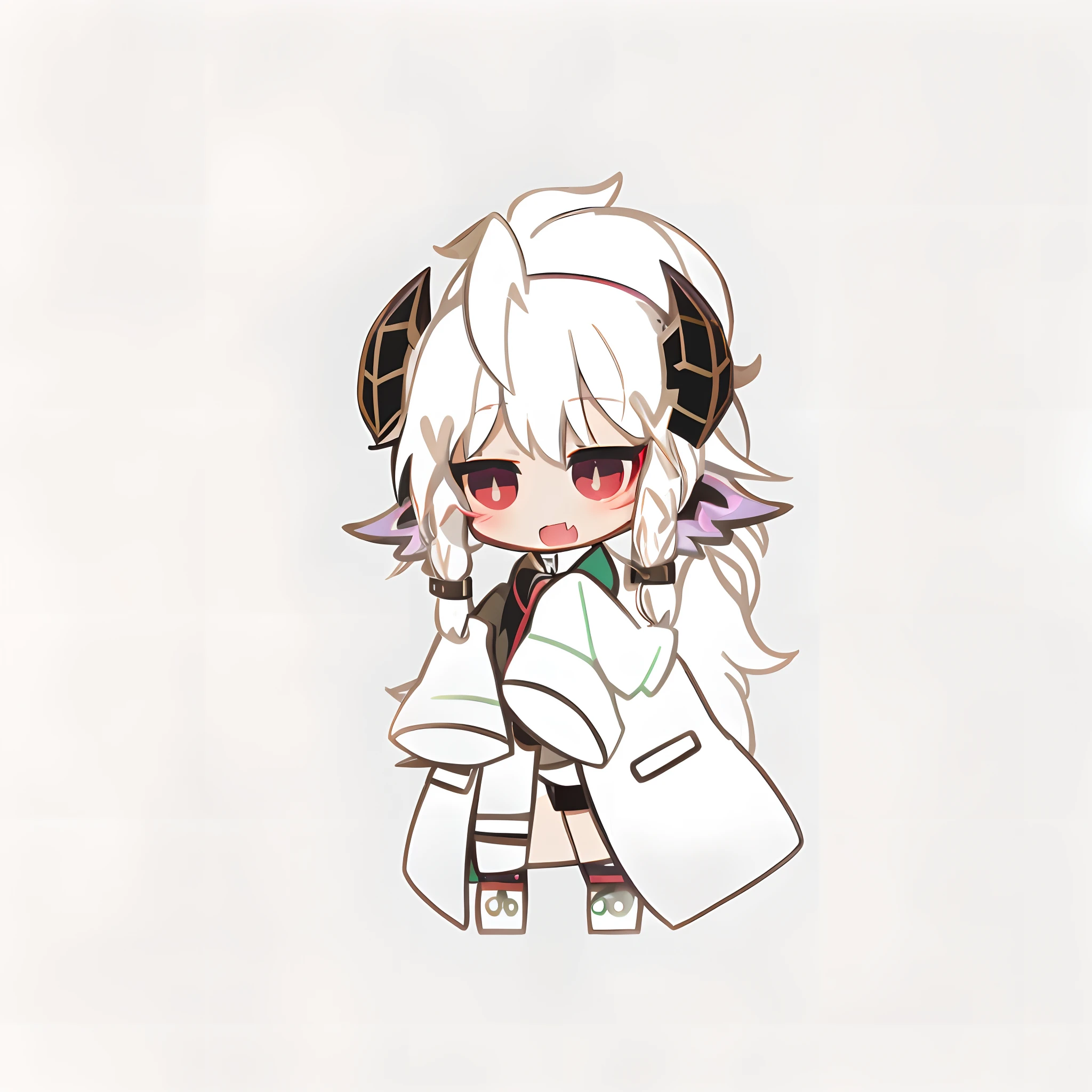 Anime girl with white hair and black ears in a white coat, chibi monster girl, White-haired god, Anime moe art style, mika kurai demon, Kantai collection style, style as nendoroid, holding a pudica pose, demon anime girl, nyaruko-san, small loli girl, Chibi anime girl