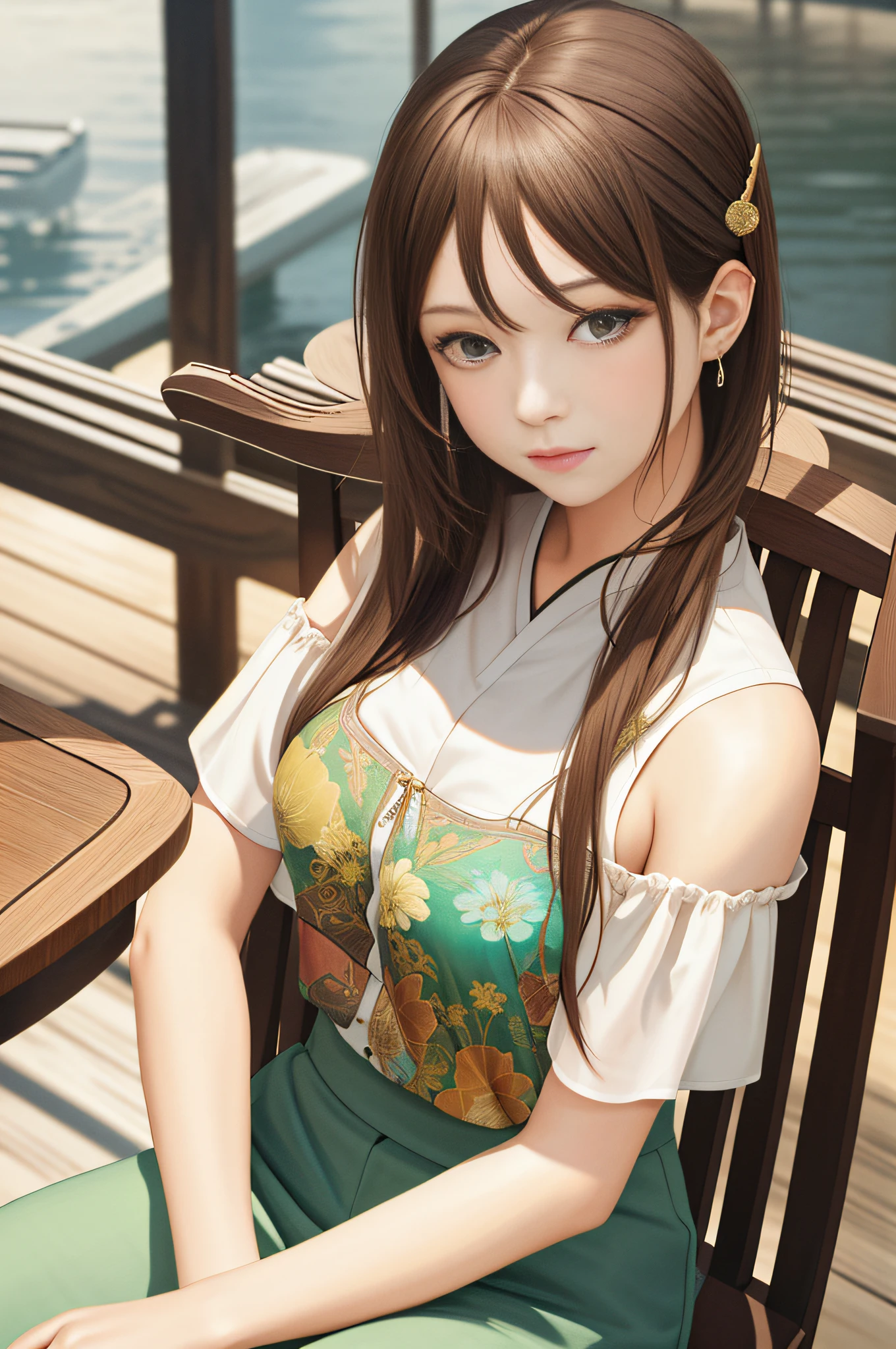 upper body, oil painting, masterpiece, best quality, highres, long brown hair, jewelry hairpin, breast, riverside and chair, sitting, song Dynasty, song clothing,