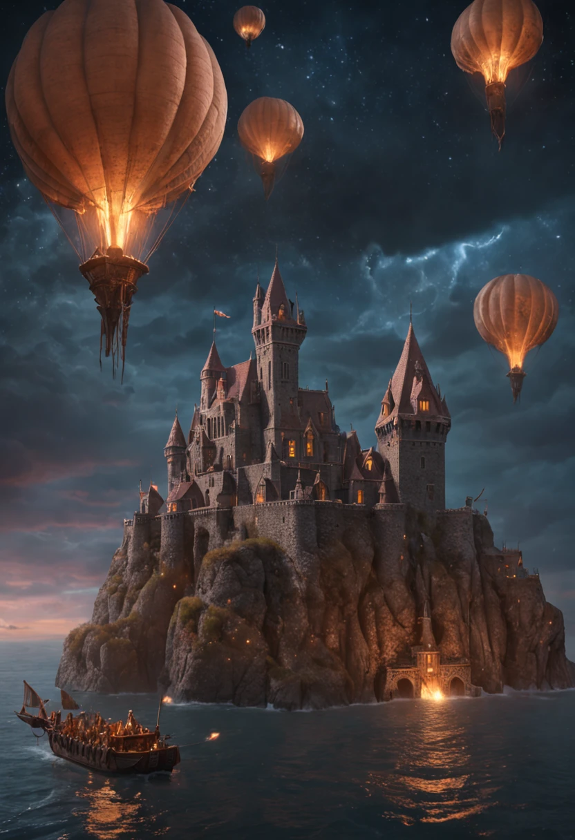 fantasy art, Ultrawide shot, painting, detailed , deviantart, contest winner, concept art, , tim hildebrandt, fantasy, , night time , , fantastic realism, artstation ,, style of Adrianus Eversen ,not aesthetic architecture, Movie Still,greg rutkowski, Create a riveting scene featuring a Floating Sky Fortress valiantly defying a horde of monstrous creatures. Picture the fortress suspended in the sky, its majestic architecture juxtaposed against the threat below. The monstrous beings below seek to conquer, while the fortress stands as a bastion of resistance. Convey the tension and determination as the two forces clash in a high-stakes battle between civilization and chaos