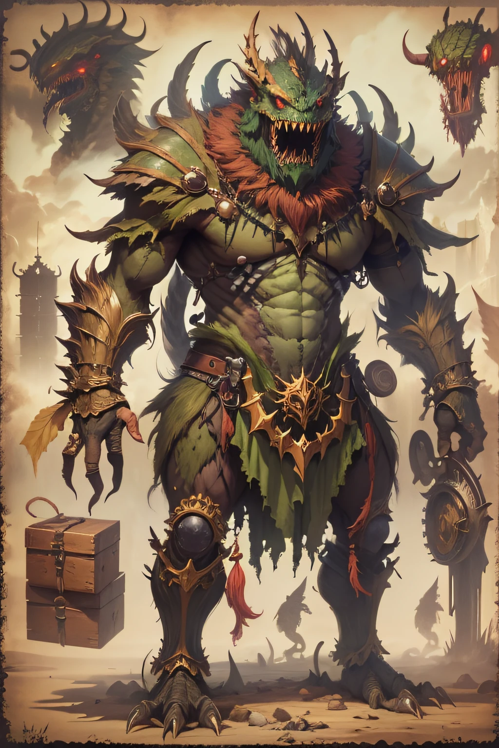 "monstrous creature, an array of items and gear neatly displayed on the side."