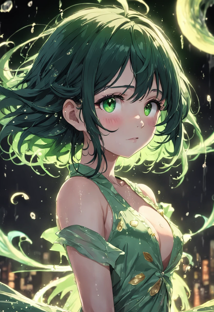 High detail, High definition, Blush, coalescence, beleza celestial, Very detailed, Soft lighting, full bodyesbian,Green&Black hair,Green eyes、I wet myself profusely, писает, wet spot