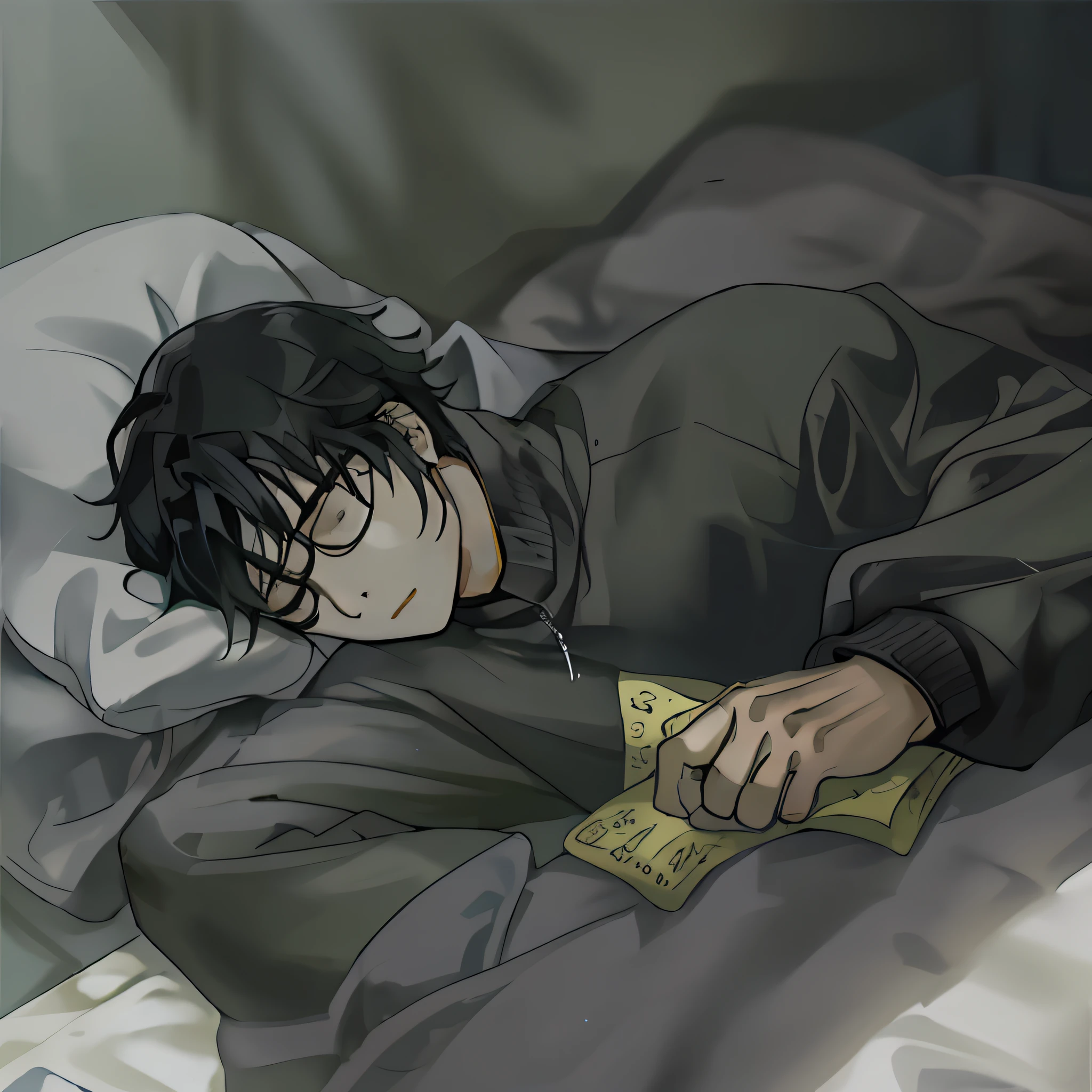 A boy with，with short black hair，Black sweatshirt，Sleep in bed，overhead photography