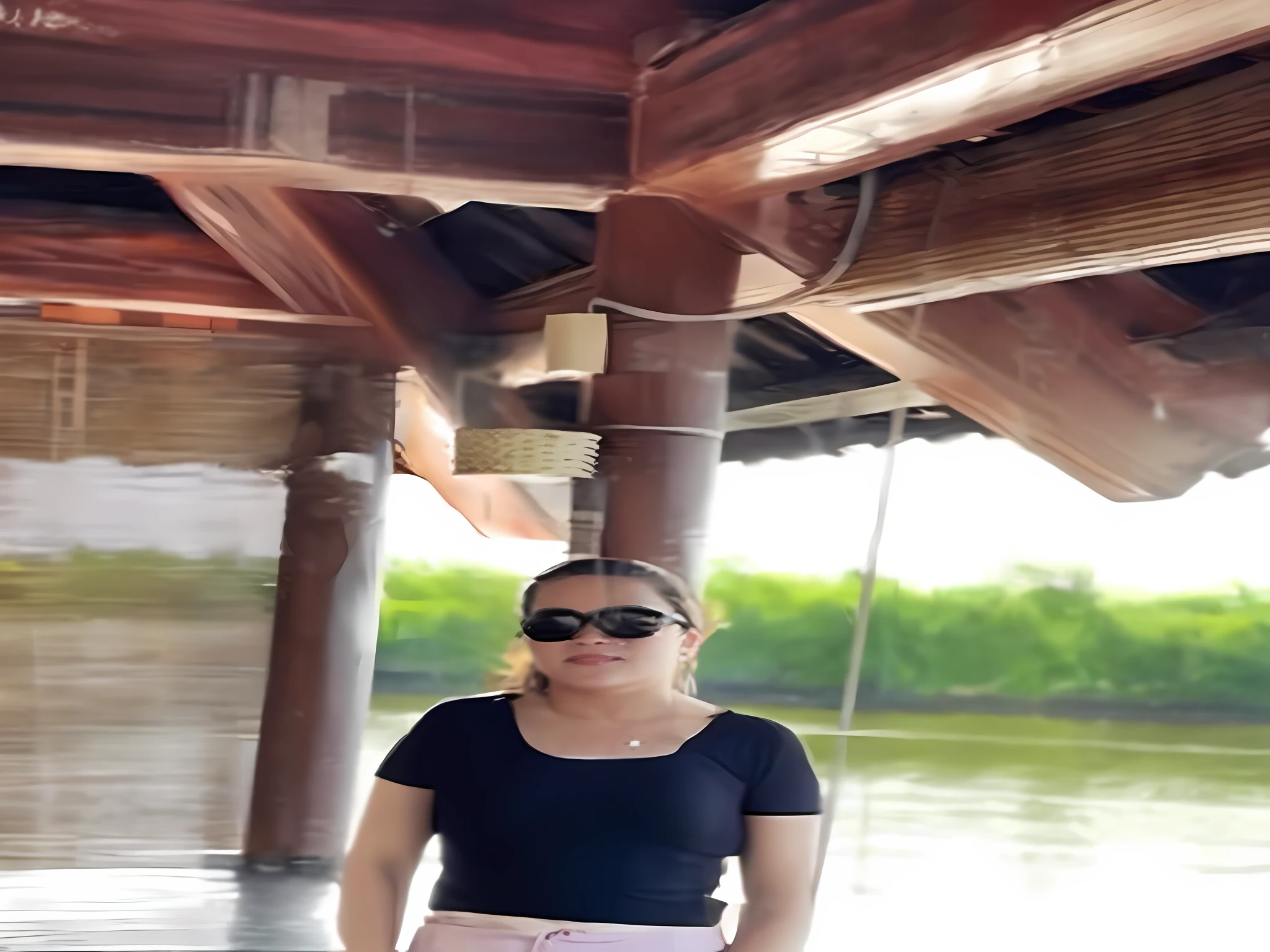 woman standing on a dock with a pink skirt and sunglasses, 3 0 years old woman, 30 years old woman, sitting in a small bamboo boat, at the waterside, ao dai, 3 2 years old, 2 8 years old, connected with hanging bridge!!, 2 9 years old, river in the background, with a figure in the background