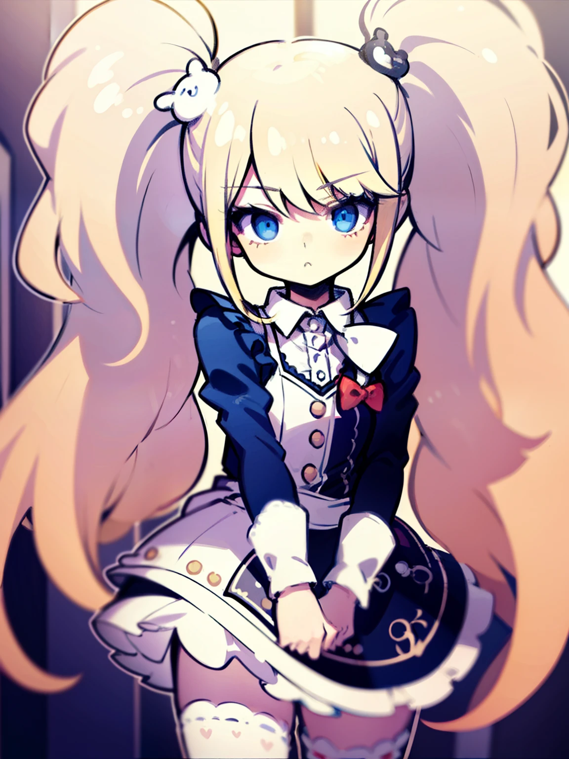 {{best quality}}, {{masterpiece}}, {{ultra-detailed}}, {illustration}, {detailed light}, blond hair,blue eyes,twintails,maid, long hair, long sleeves, gothic, solo, loli,little girl,cute