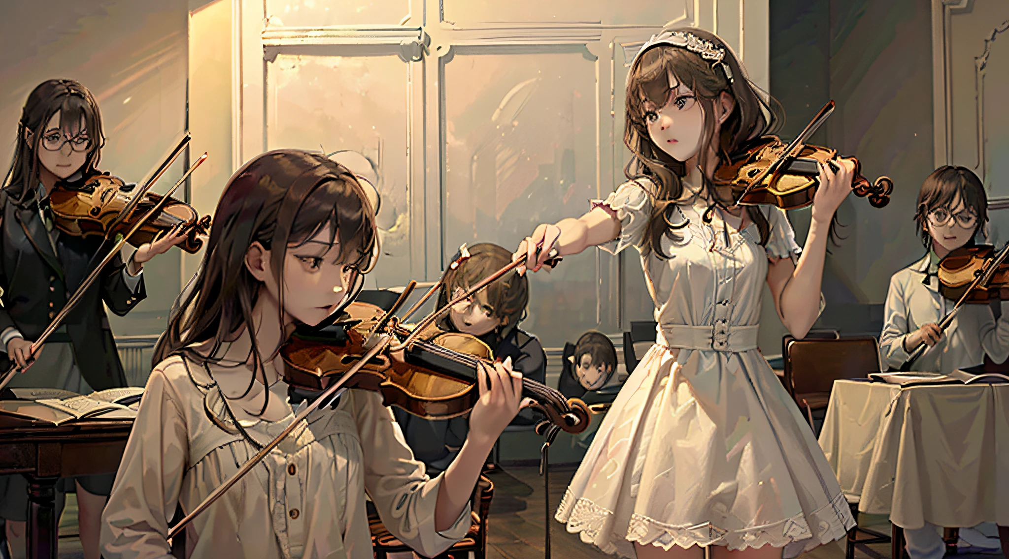 ((Need)), ((tmasterpiece)), (A detailed),，In the concert hall，A group of children，Practice playing the violin