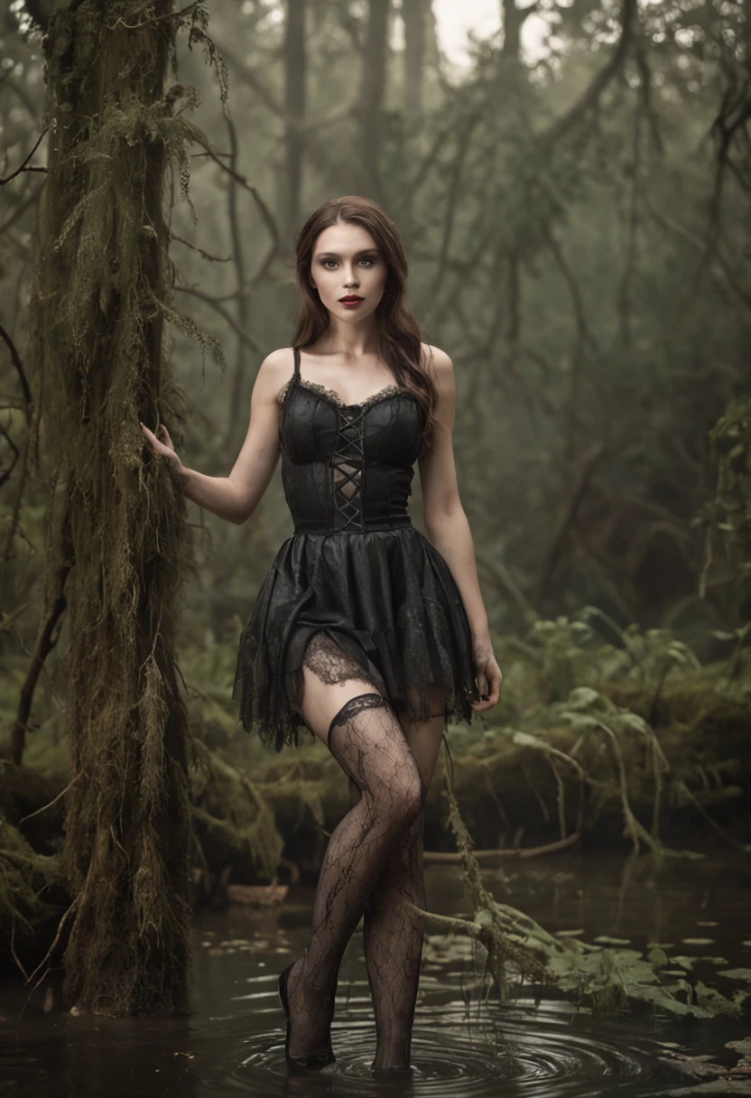 Woman in the swamp, Realistic fantasy rendering in swamps, Matte painted portrait photo, realistic fantasy photography, Mini sheer skirt, Light black stockings with garters on the legs, Lace transparent suspenders, Black stiletto heels,