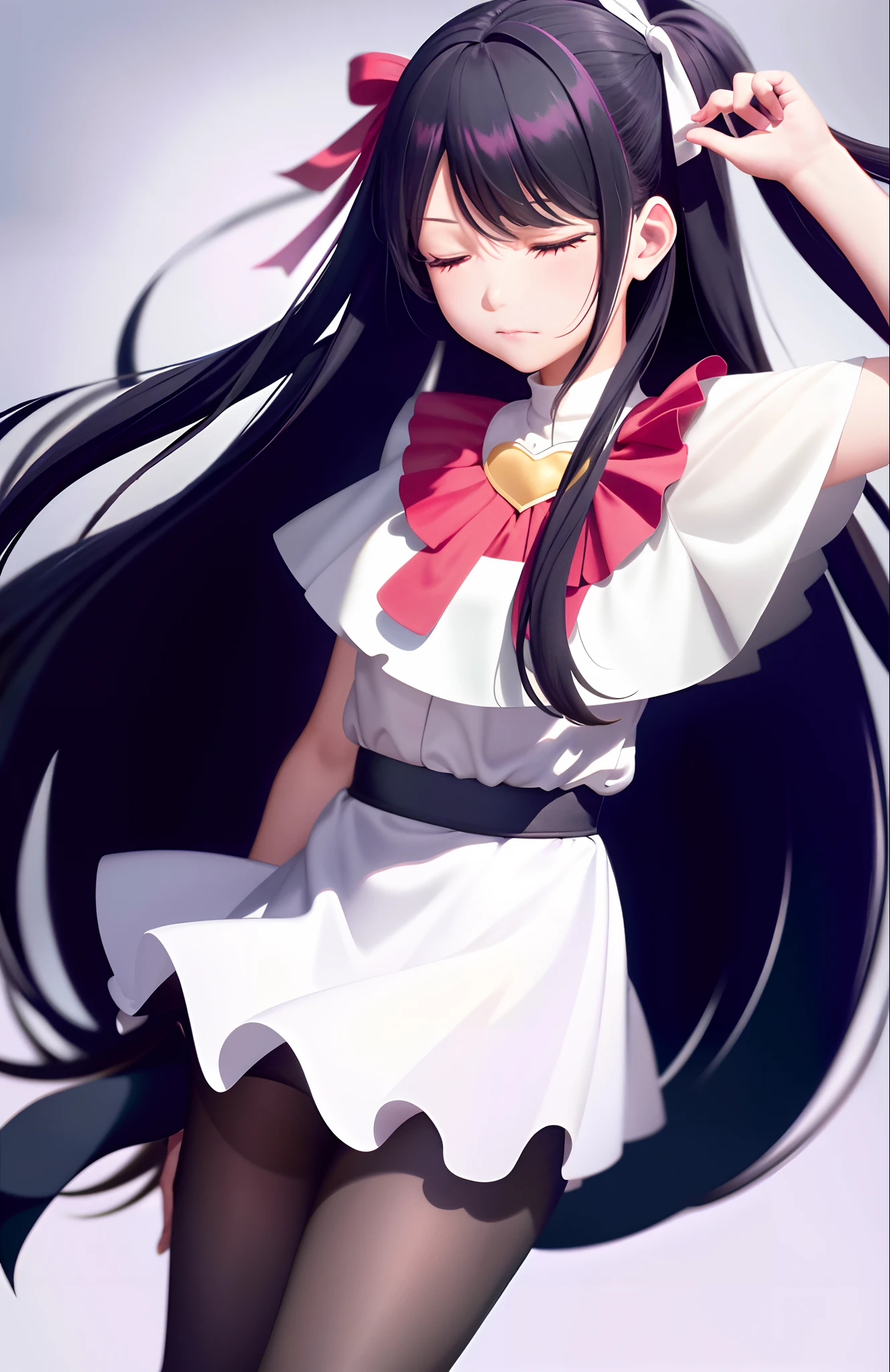 masterpiece, best quality,bp-homura, 1girl, long hair, solo, akemi homura, pantyhose, black hair, ribbon, closed eyes, hair ribbon, magical girl,(kbxll:0.6)