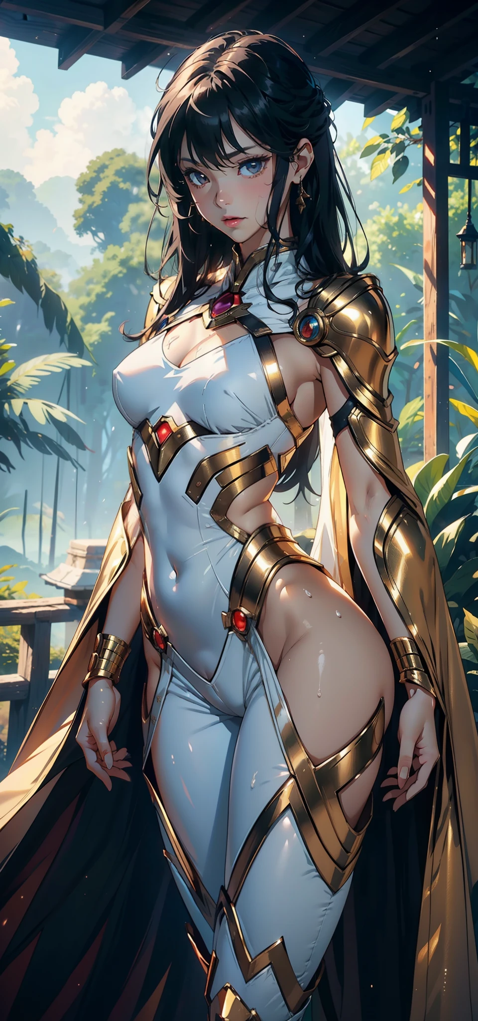 1female,1 ,Slim,Small loli,Small chest Thin waist,slenderlegs,Pornographic exposure, 独奏,(Background with:ln the forest,the rainforest,in summer) She has long black hair,standing on your feet,Sweat profusely,drenched all over the body,seen from the front, hair straight, mostly cloudy sky,(((tmasterpiece),(Very detailed CG unity 8K wallpaper),best qualtiy,cinmatic lighting,detailed back ground,beatiful detailed eyes,Bright pupils,(Very fine and beautiful),(Beautiful and detailed eye description),ultra - detailed,tmasterpiece,)),facing at camera,A high resolution,ultra - detailed),revealing breasts,Bare genitalia, Bulge,legs are open,Raised sexy,Camel toes,Flushed complexion,Open-mouthed,frontage,Gold Saint Seiya(Wearing:White jumpsuit,Iron Man uniform,Armour,Cloak)