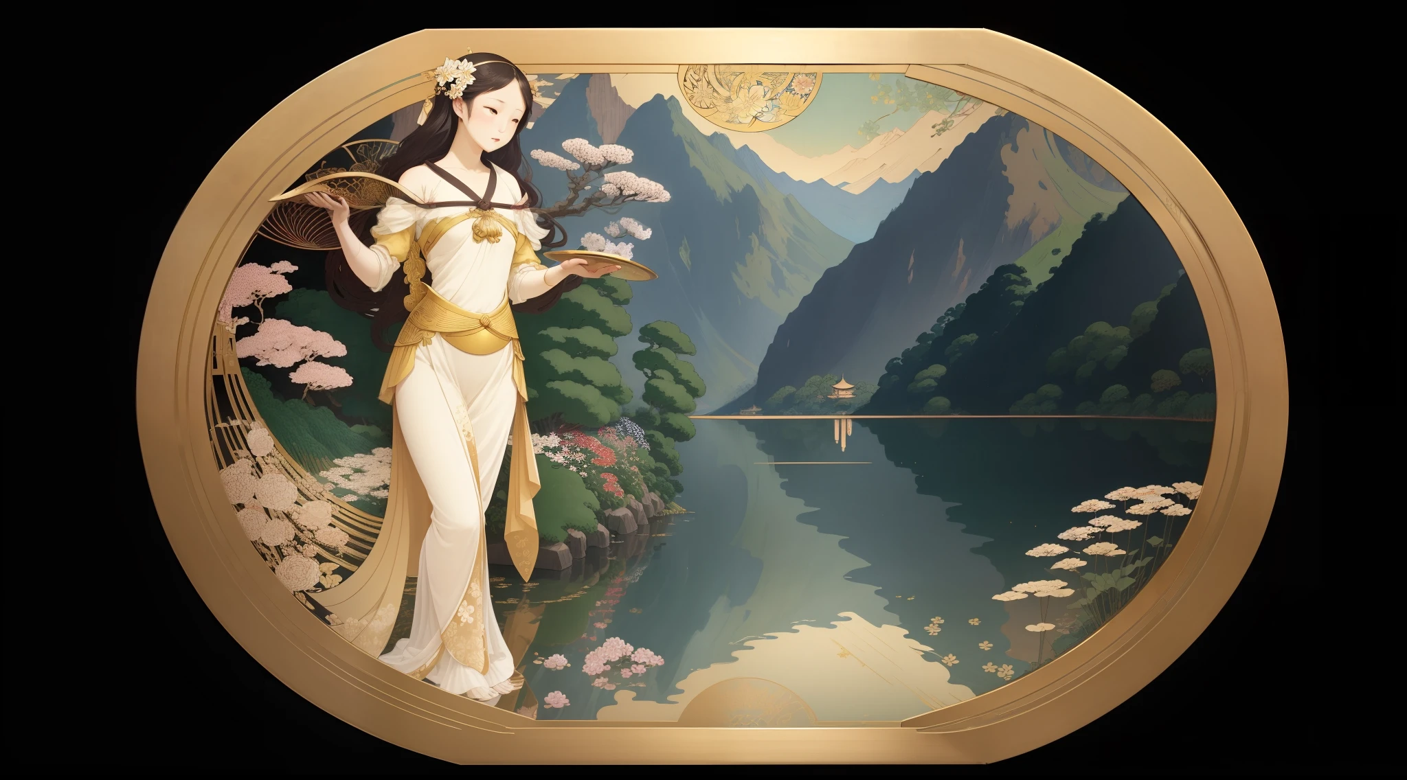 Extremely high image quality、detail portrayal、Photorealistic,Deformed、Folding screen diagram、Diagram of the Four Seasons、Lakeside scenery。Art Nouveau,Flowers blooming on the beautiful lakeside々々々々。Gold leaf frame isolated on black background、Beautiful composition、by mucha,Hokusai
