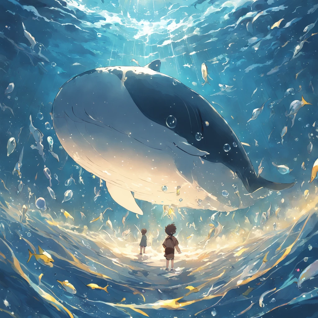 illustration:The boy in white swims with whales at the bottom of the sea,The surrounding bubbles slowly rise,Sunlight shines obliquely into the water。