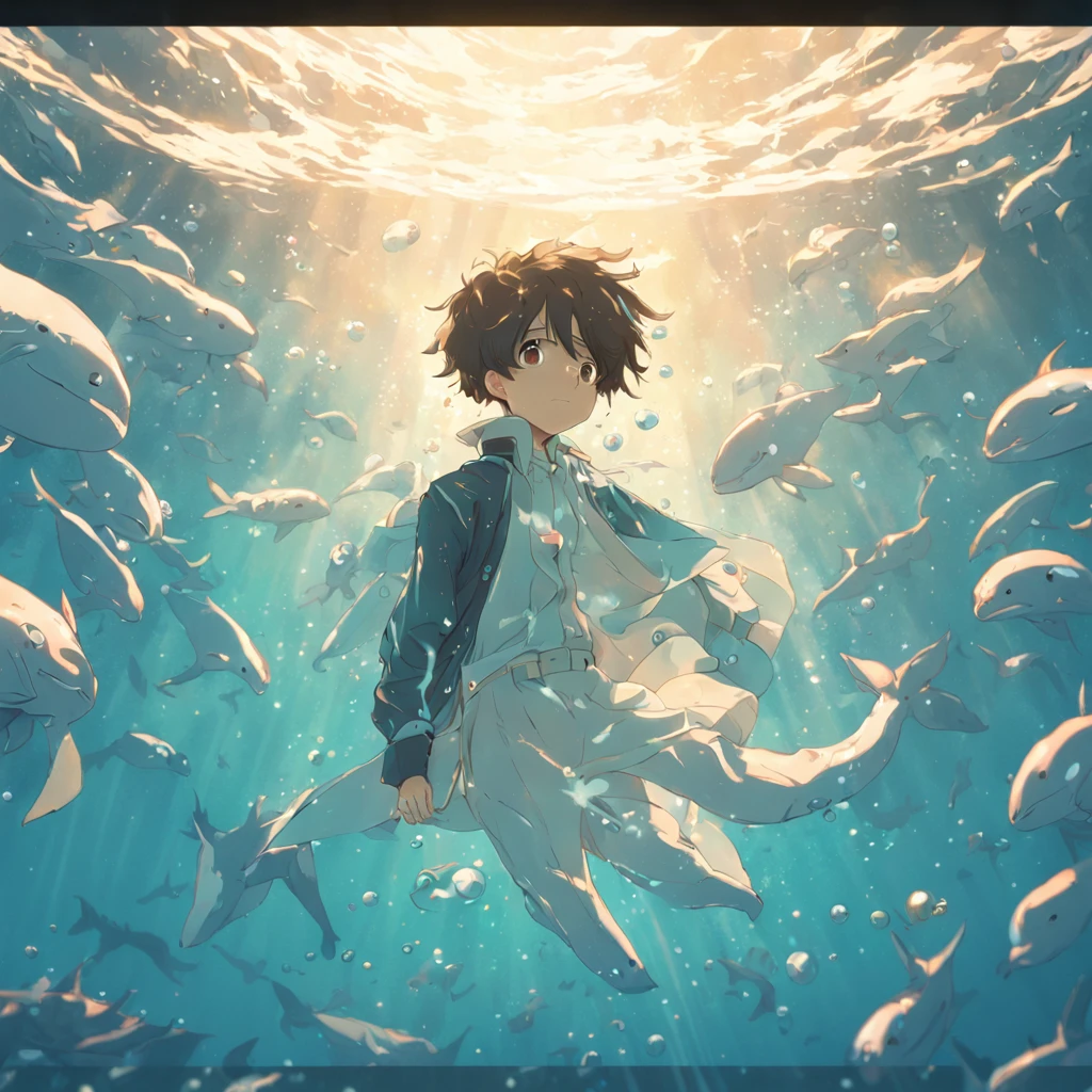 illustration：The boy in white swims with whales at the bottom of the sea，The surrounding bubbles slowly rise，Sunlight shines obliquely into the water。