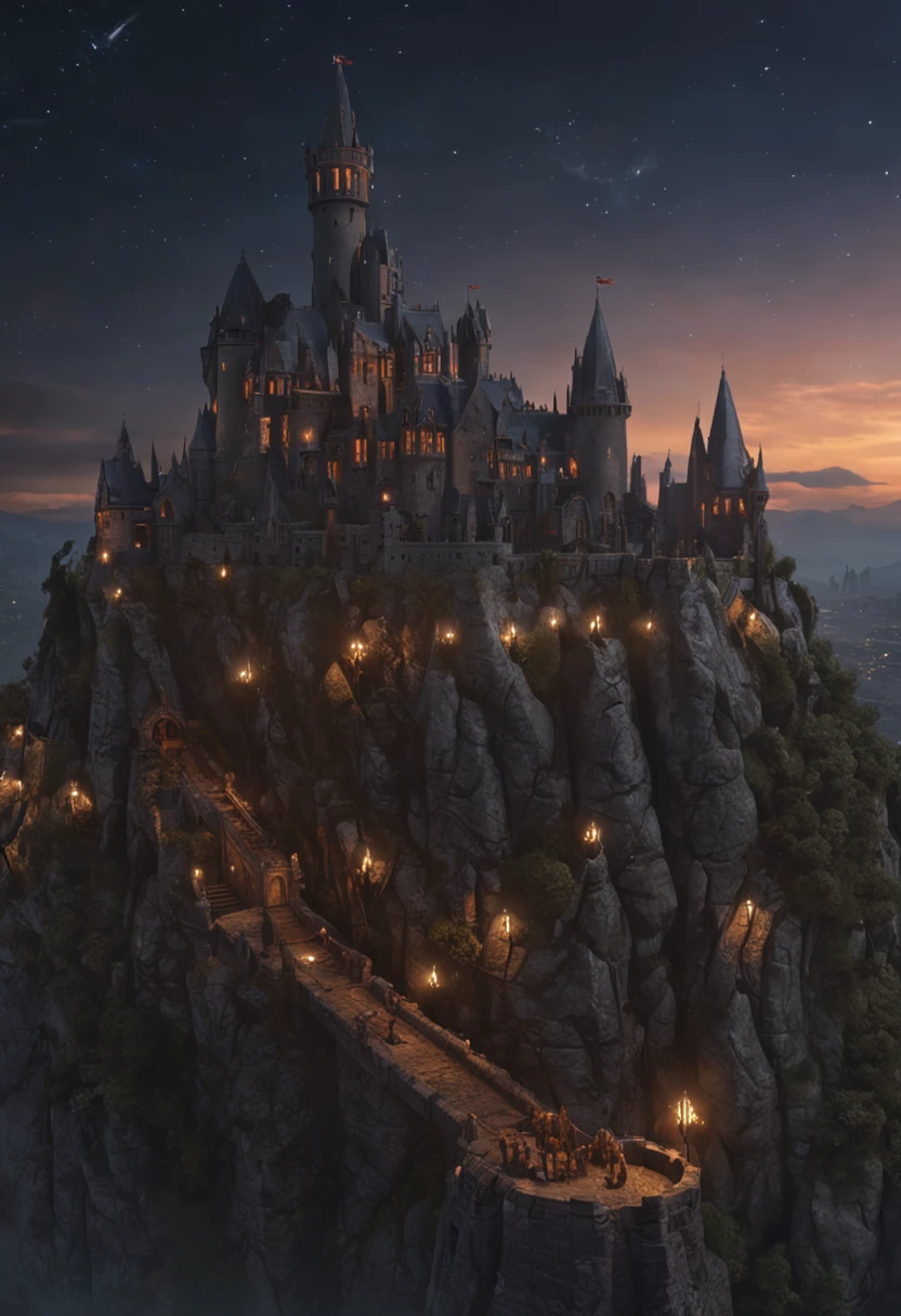 fantasy art, Ultrawide shot, painting, detailed, deviantart, contest winner, concept art, , tim hildebrandt,, night time, , fantastic realism, artstation ,, style of Adrianus Eversen, not aesthetic architecture, Movie Still, (COLOR SCHEME: 213363, 17594A, 8EAC50, D3D04F), Create a riveting scene featuring a Floating Sky Fortress valiantly defying a horde of monstrous creatures. Picture the fortress suspended in the sky, its majestic architecture juxtaposed against the threat below. The monstrous beings below seek to conquer, while the fortress stands as a bastion of resistance. Convey the tension and determination as the two forces clash in a high-stakes battle between civilization and chaos,no_humans
