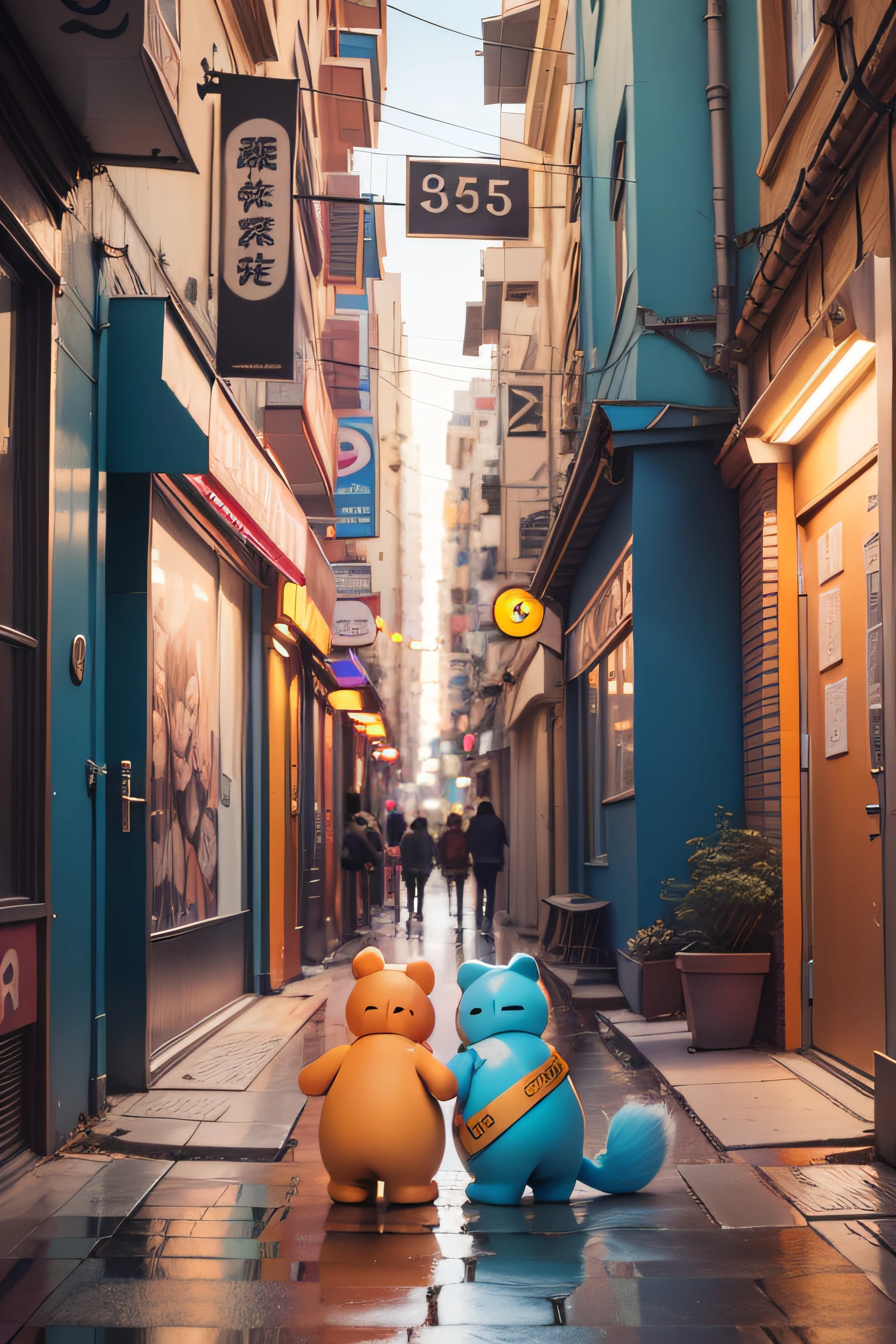 A cartoon animal, kaws，MD clothing, Fashionable outfits, In the K5000 shoe store, There are K5000 words,Silver necklace,Orange series, Graffiti Street, Cybermetropolis，Movie lighting, Bright colors。Light and dark contrast, IP Pop Mart blind box, 。.3D, C4D, Eight-fold,tchibi, behans, hyper HD,Best quality,8k --ar 3:4 --niji 5 --style expressive