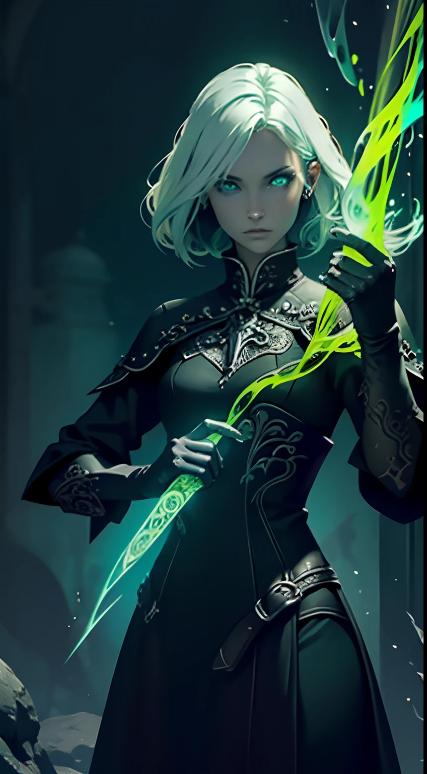 Female necromancer conjuring green flames, glow, glowing light,(hoang lap,A high resolution,hyper detailled),Black Soul theme, leather,Off-white,necromancer, necromancy,Background of details,Northern Valley,Irithyll,Cold moon,Rule of thirds,boundage,Diablo 4 style,intricate-detail,Diablo color theme,(offcial art,Beauty and aesthetics:1.2),(Dark art,erode, fractal art:1.3),rich colourful,horryfing,highest details, (green eyes: 2), white hair with blue tips, blue colored inner hair, short hair, solo, 1girl, slim, small breasts, green flames