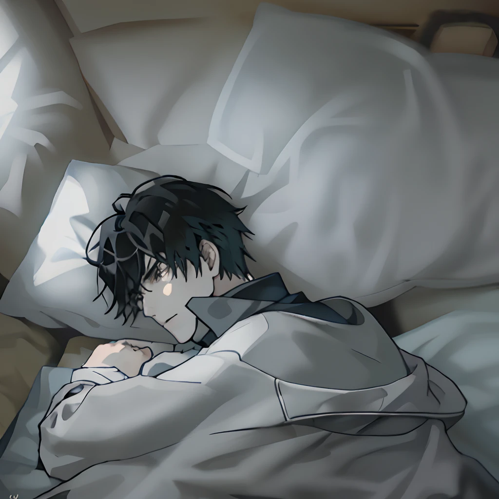 A boy with，with short black hair，Black sweatshirt，Sleep in bed，overhead photography