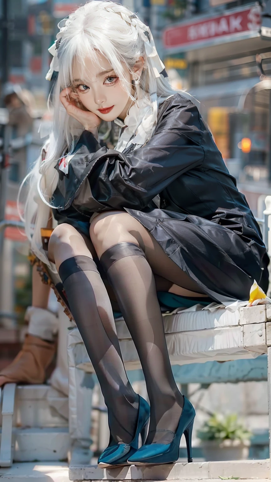 Close-up of a woman with white hair,period costume,white dresses,((High heels in the city)),(full bodyesbian),(((sitted))),8K quality