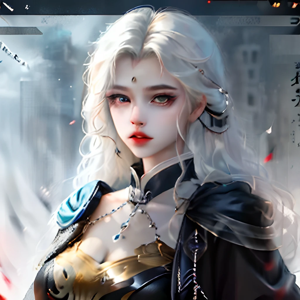 Masterpiece,Highest quality,Chinese big breasts,Two-dimensional male,Gray-haired,Long-haired,with fair skin,juvenile sense,Located in the middle of the screen,a black cloak,black uniforms,One red eye and one blue eye