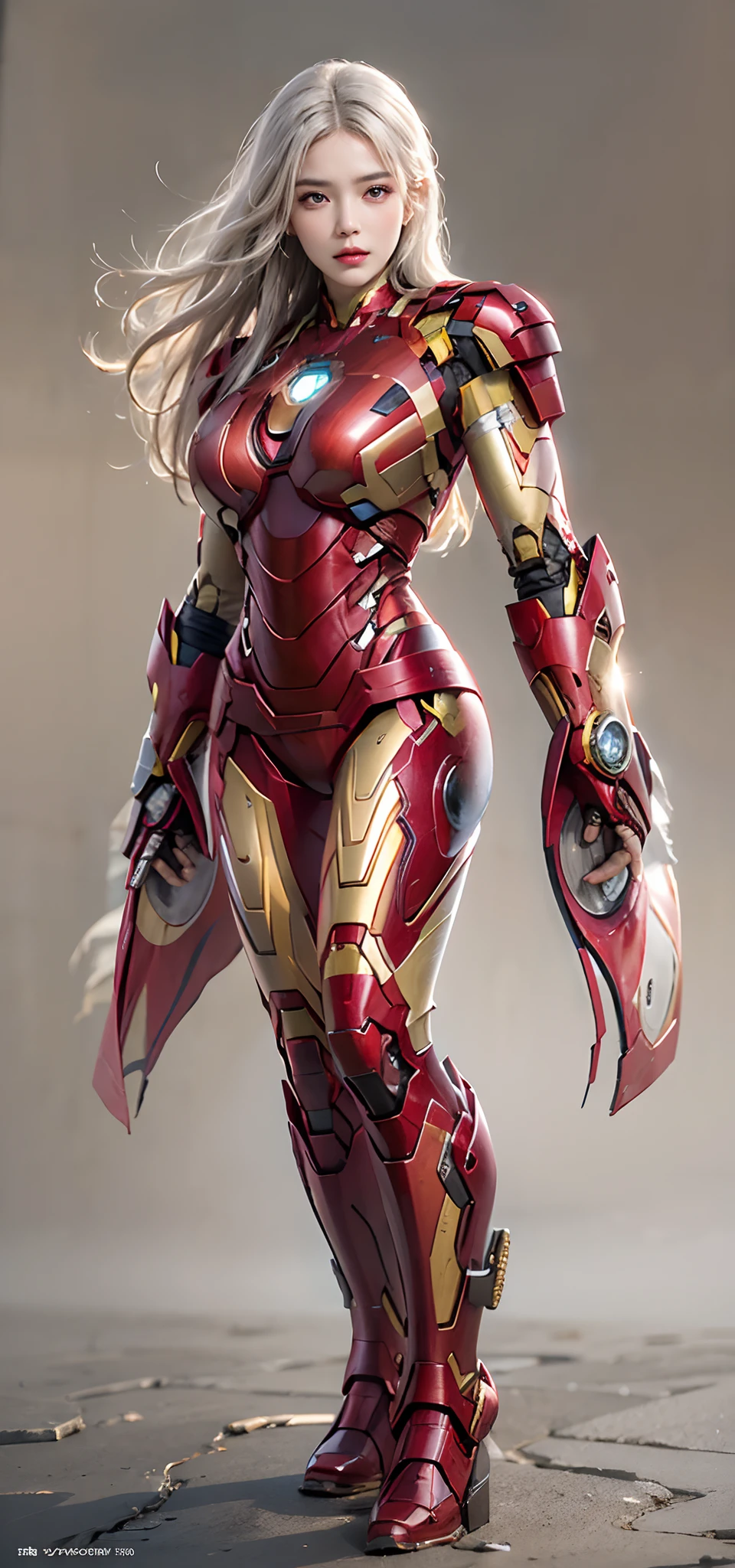 Photorealistic, high resolution, 1 Women, Solo, Beautiful eyes, view the viewer, Close lips, Detailed face,,long whitr hair, Big breasts Thin waist,long leges,Raised sexy,The kinky is exposed,Iron Man(Wearing:Iron Man uniform,nakeness)fully body photo,frontage