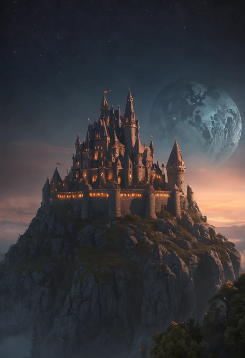 fantasy art, Ultrawide shot, painting, detailed, deviantart, contest winner, concept art, , tim hildebrandt,, night time, , fantastic realism, artstation ,, style of Adrianus Eversen, not aesthetic architecture, Movie Still, (COLOR SCHEME: 213363, 17594A, 8EAC50, D3D04F), Create a riveting scene featuring a Floating Sky Fortress, valiantly defying a horde of monstrous creatures. suspended in the sky, majestic architecture, The monstrous beings below seek to conquer, while the fortress stands as a bastion of resistance. Convey the tension and determination as the two forces clash in a high-stakes battle between civilization and chaos,no_humans,