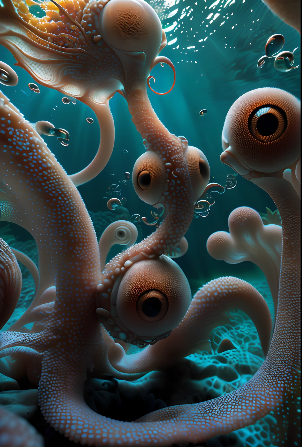 tmasterpiece, best qualtiy, 3D, realisticlying, { Fish with three heads,mermaids,1 tentacle, In the suction cup are the eyes, arm raise, Focus on the tentacles}, big breasts beautiful, Colorful, Smooth skin, illustration, art stations, Painted by Stanley Ategg Liu, sidewayglance, foreshortening, extremely detailed 8k, smoothness, A high resolution, Ultra high quality, highly details eye, perfect eyes, Real Light, glarelight, Irridescent color, globalillumination, Real light, Real Shadow, k hd, 2k, 4k, 8k, 16k,realistic raytraicing,realistic shaded,eyes with brightness,the soft light,Dreamy light,